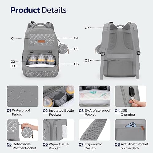 Miniatura 6 de Bolsa de pañales grande, 29L-45L, mochila de pañales expandible para 2 niñosgemelos, con bolsa de botella cruzada extraíble para mamápapá, elegante