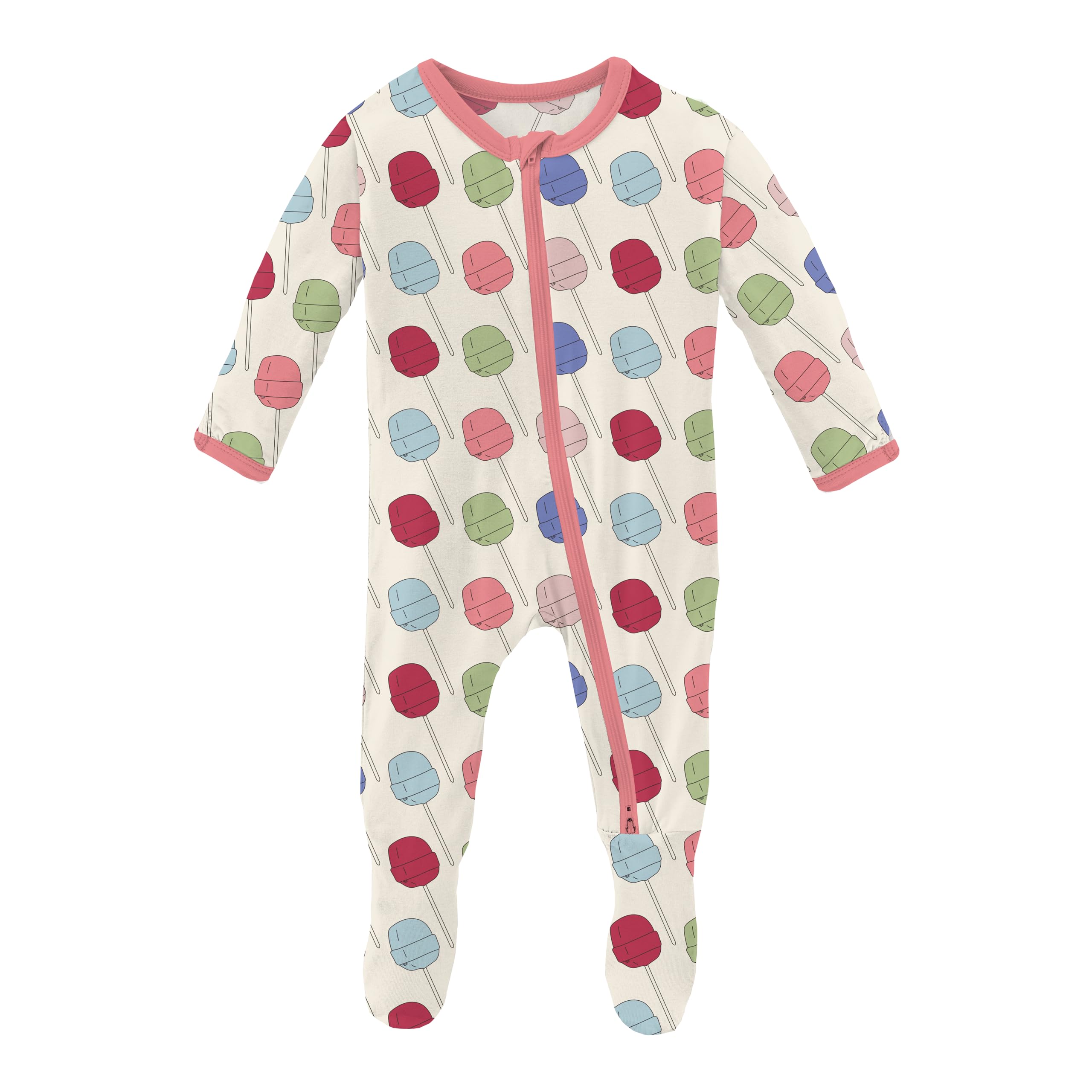 KicKee Print Footie with Zipper, Fitted Long Sleeve Pajamas, Ultra Soft Everyday One-Piece Loungewear, 90s (Lula's Lollipops - 12-18 Months)