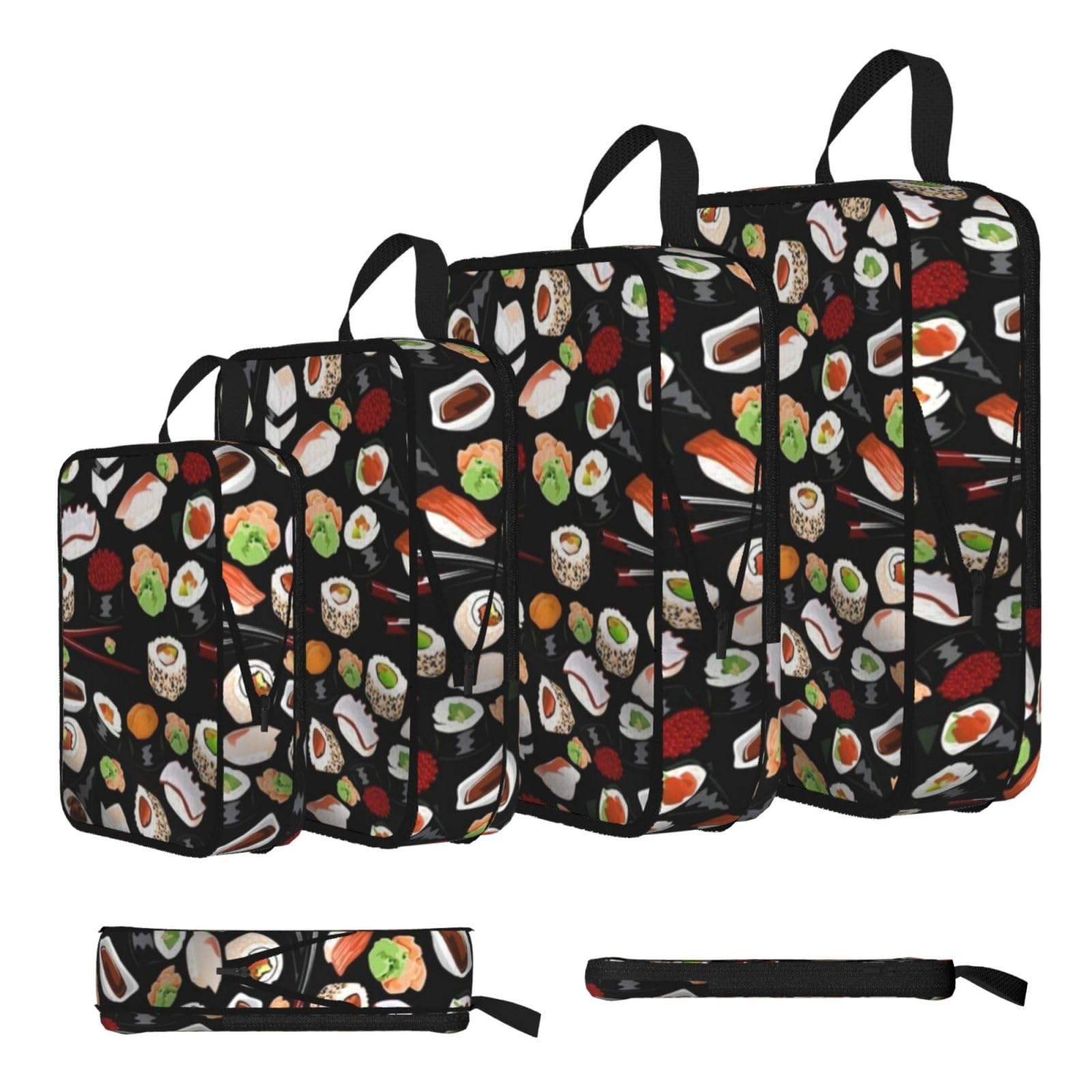 Japanese Sushi Black Print Compression Packing Cubes 4-Piece Set With Multi- Compartment Travel Bag, Waterproof Suitcase Organiser Bags
