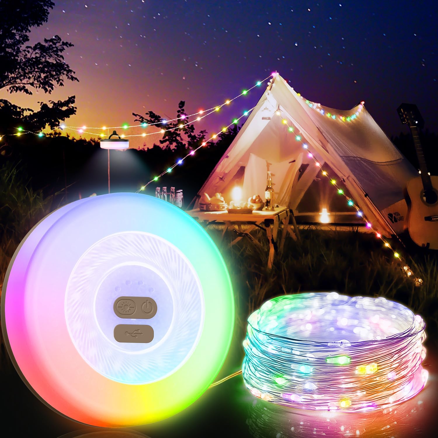 MORIKO Camping String Lights, 2 in 1 Colorful Outdoor String Lights ...