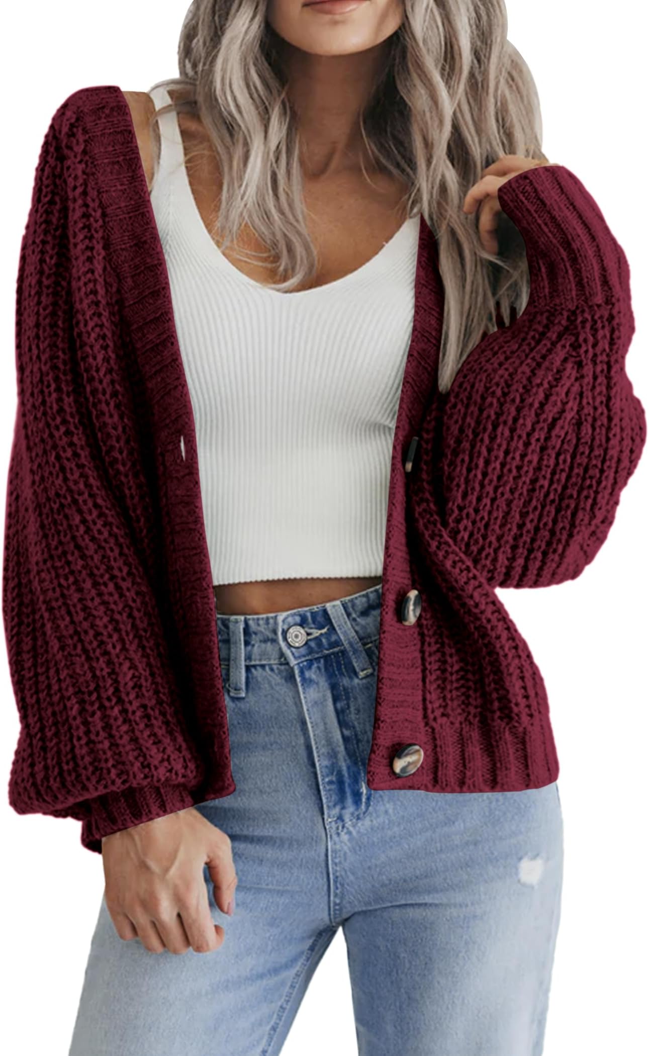 Women's 2026 Fall Chunky Knit Cardigans Open Front Long Sleeve V Neck Button Loose Cardigan Sweaters