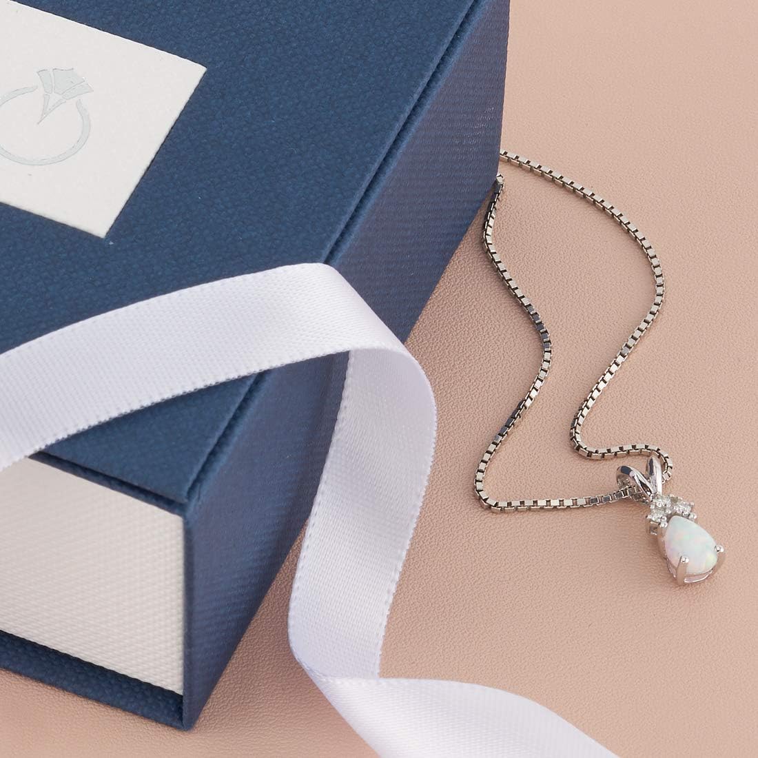 PEORA 14K White Gold Created White Opal with Genuine Diamonds Pendant for Women, Dainty Teardrop Solitaire, Pear Shape, 7x5mm - Image 6