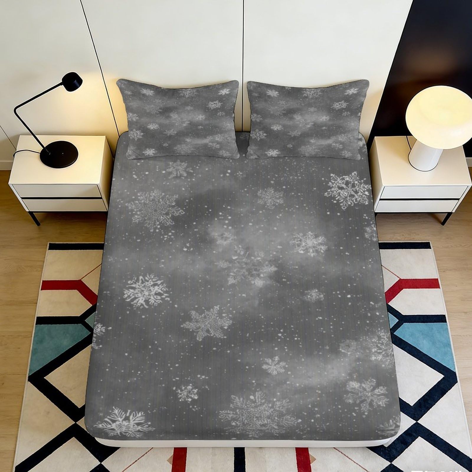 3D Printed Snowflake Fitted Sheet Microfiber Soft Breathable Winter Pattern Bed Cover for Bedroom Dormitory Guest Room Mattress Protection 140x200x25cm
