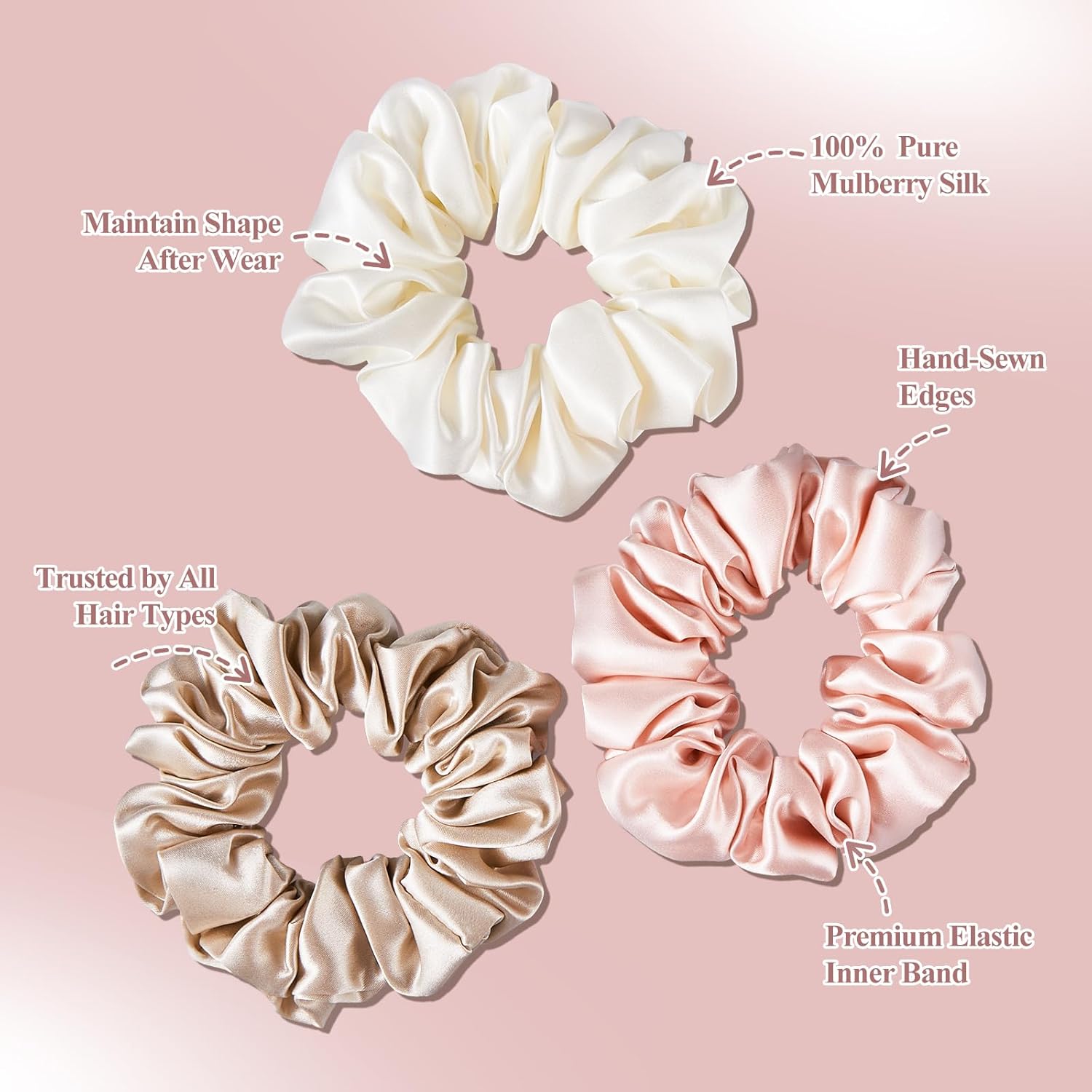 PILAVA 100% Mulberry Silk Scrunchies, 3 Pack 22 Momme Large Silk Hair Ties for Women, Oversized No Crease Ponytail Holders for Thin or Fine Hair, Soft Gentle Hold for Sleeping & Night Care, Gift Set