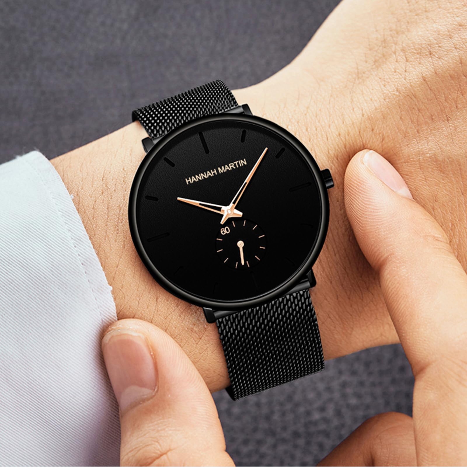 Orologio da polso da uomo, alla moda, nero, ultra sottile, minimalista, unisex, con cinturino in maglia in acciaio inox