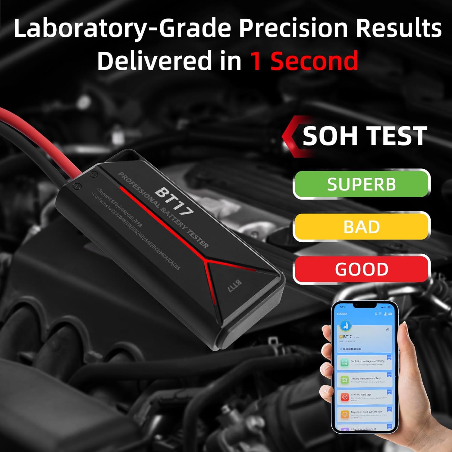 Professional 12V-24V Battery Tester, Precise Battery Testing, Internal Resistance/SOH/SOC, Wireless APP, 25 Languages, 12V-24V Batteries, CCA/DIN/EN/IEC/GB/SAE/BCI/MCA/CA/JIS