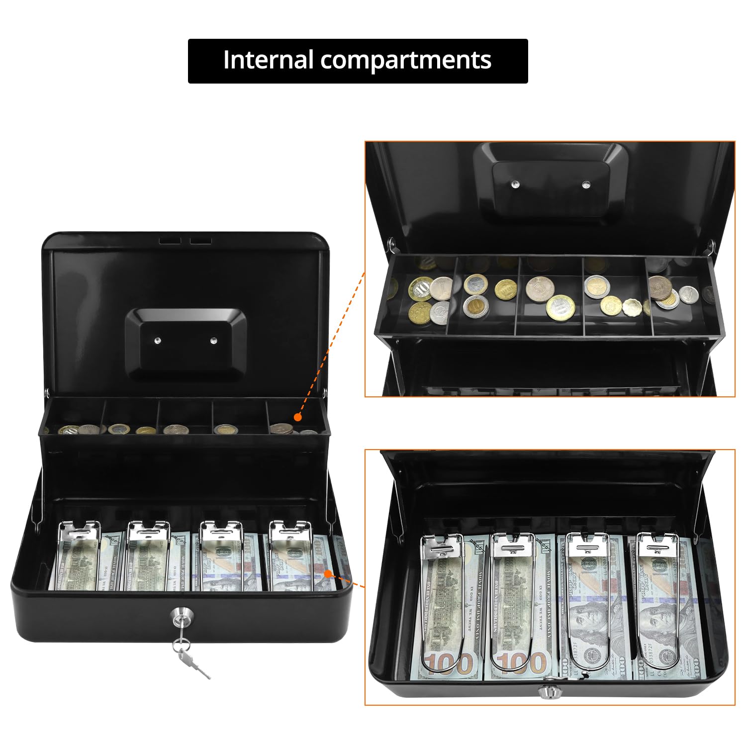 QWORK® Caisse Monnaie, Caisse à Monnaie Verrouillable avec 2 Clés, Caisse Double Couche 30x24x9cm, pour Maison, Bureau, Supermarchés