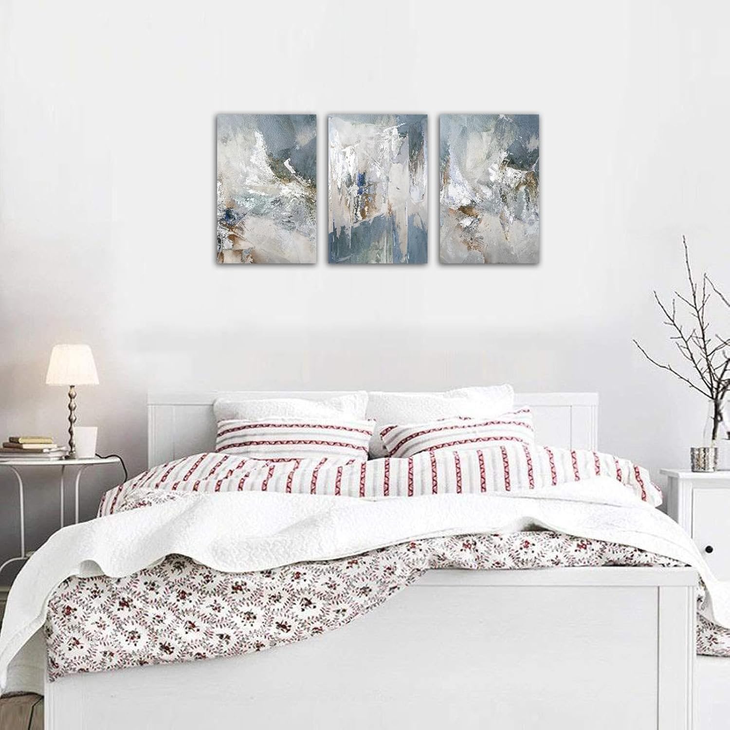 Abstract Canvas Wall Art Blue Grey Canvas Picture Decor Painting Prints for Bedroom Living Room Office Home Decoration Framed 16" x 24" x 3 Pieces