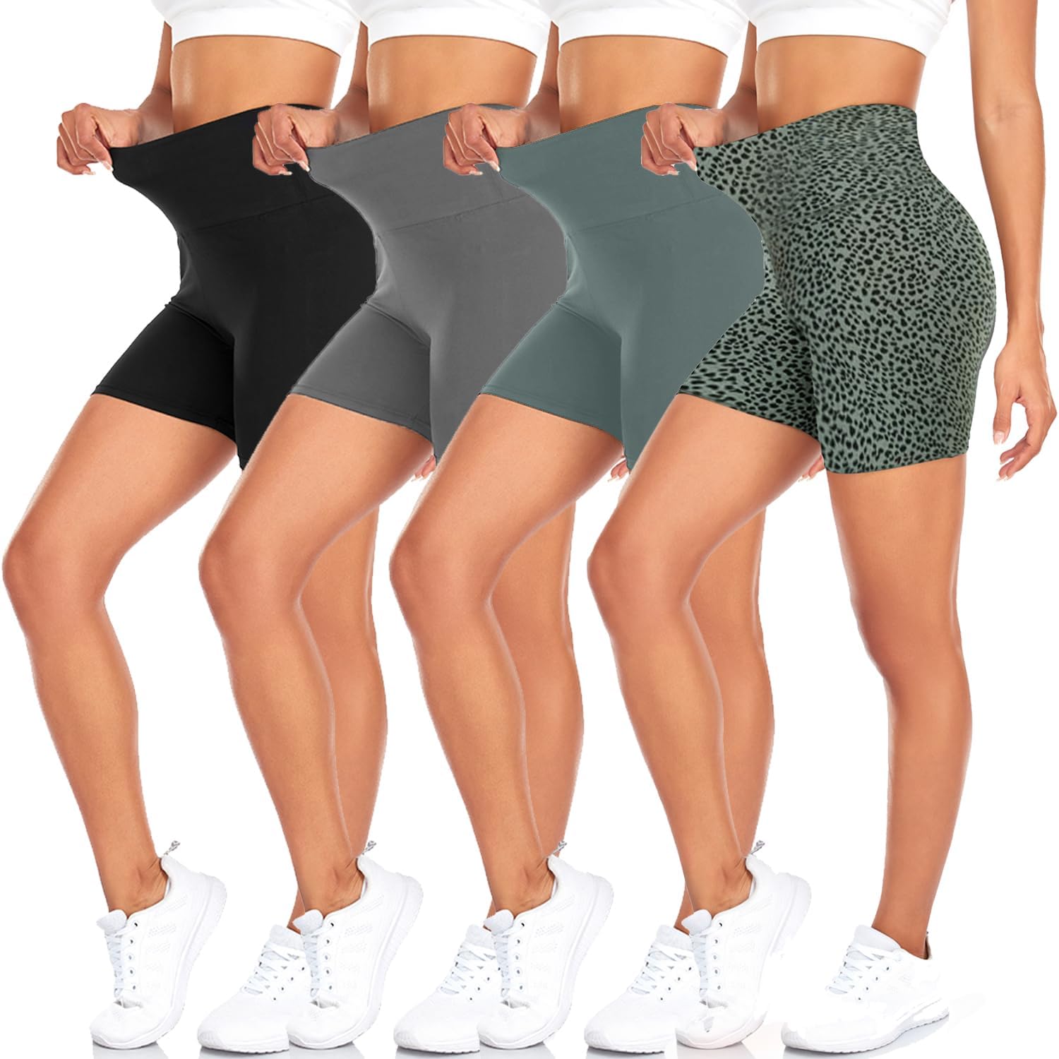 MOREFEEL 4er Pack Radlerhose Damen Kurze Hose Sporthose High Waist Leggings Blickdicht Sportshorts Elastisch Yogahose Sommer Hotpants Dehnbar Laufhose für Gym Sport Shorts Fitness Alltag