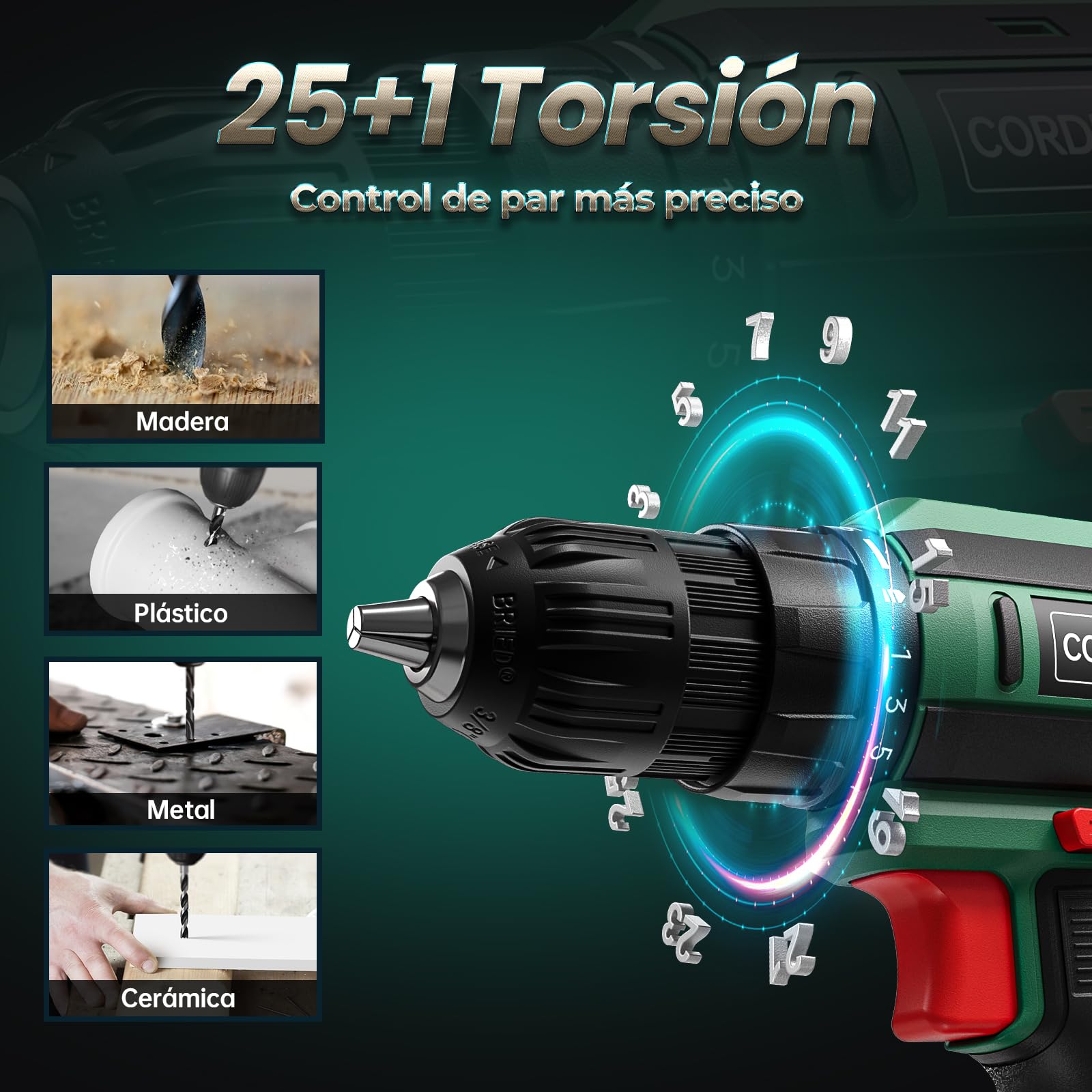 Taladro Atornillador Batería 20V, Taladro Bateria par Máximo 42Nm, Taladro Inalámbrico 2 Velocidades, Apto para Baterías Makita, 25+1 Niveles de Par, Batería 2000mAh, Portabrocas 10mm, Luces LED Verde