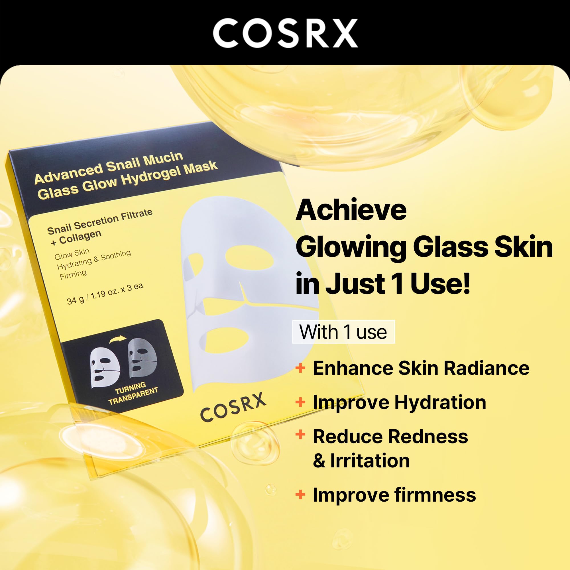 COSRX Snail 96 Essence + Hydrogel Mask 3EA- Advanced Snail 96 Mucin Serum and Glass Glow Hydrogel Collagen Face Masks, Travel Essentials, Stocking Stuffers, Korean Skin Care
