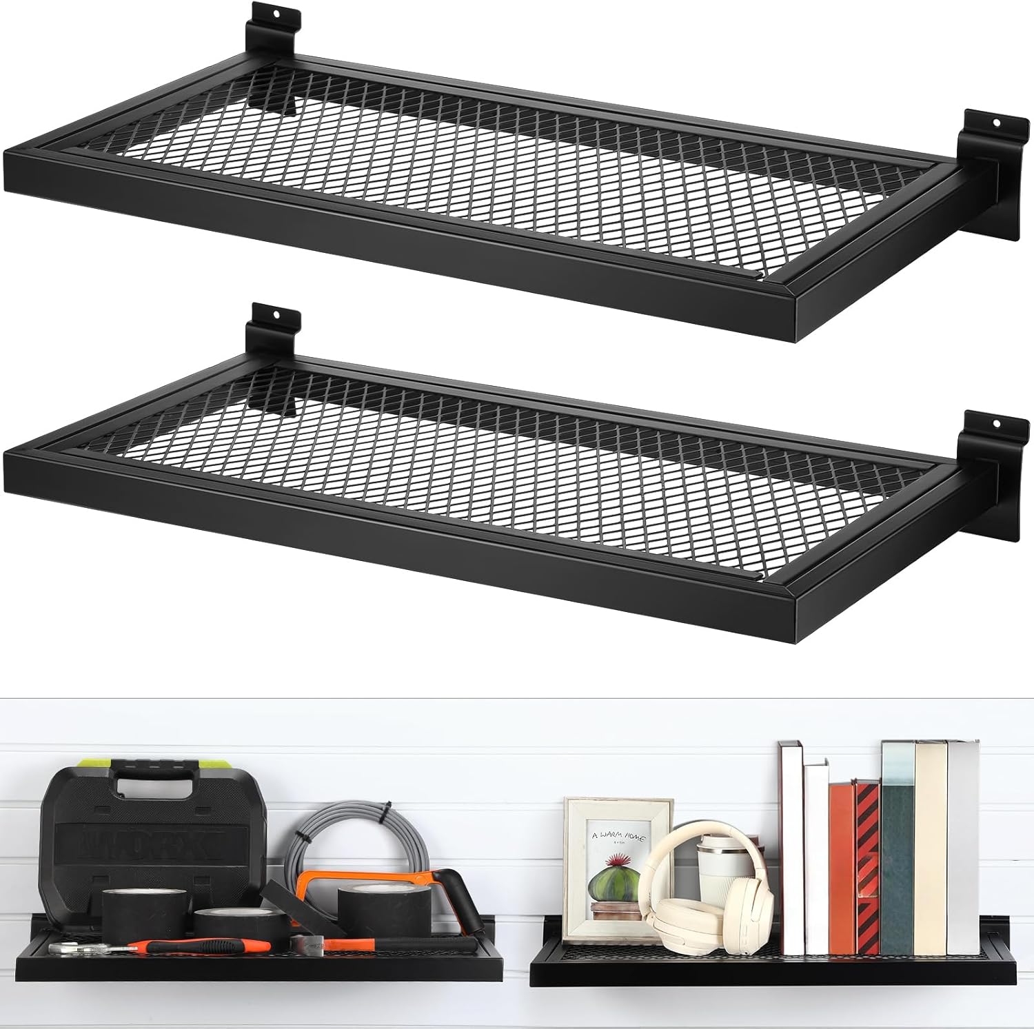 Coume 2 Pack Slatwall Shelf Metal 23.6 x 11.8 Inch Slatwall Display Rack Wall Mount Hanging Accessory for Garage Workshop Stores Retail Boutiques Storage and Organization Black