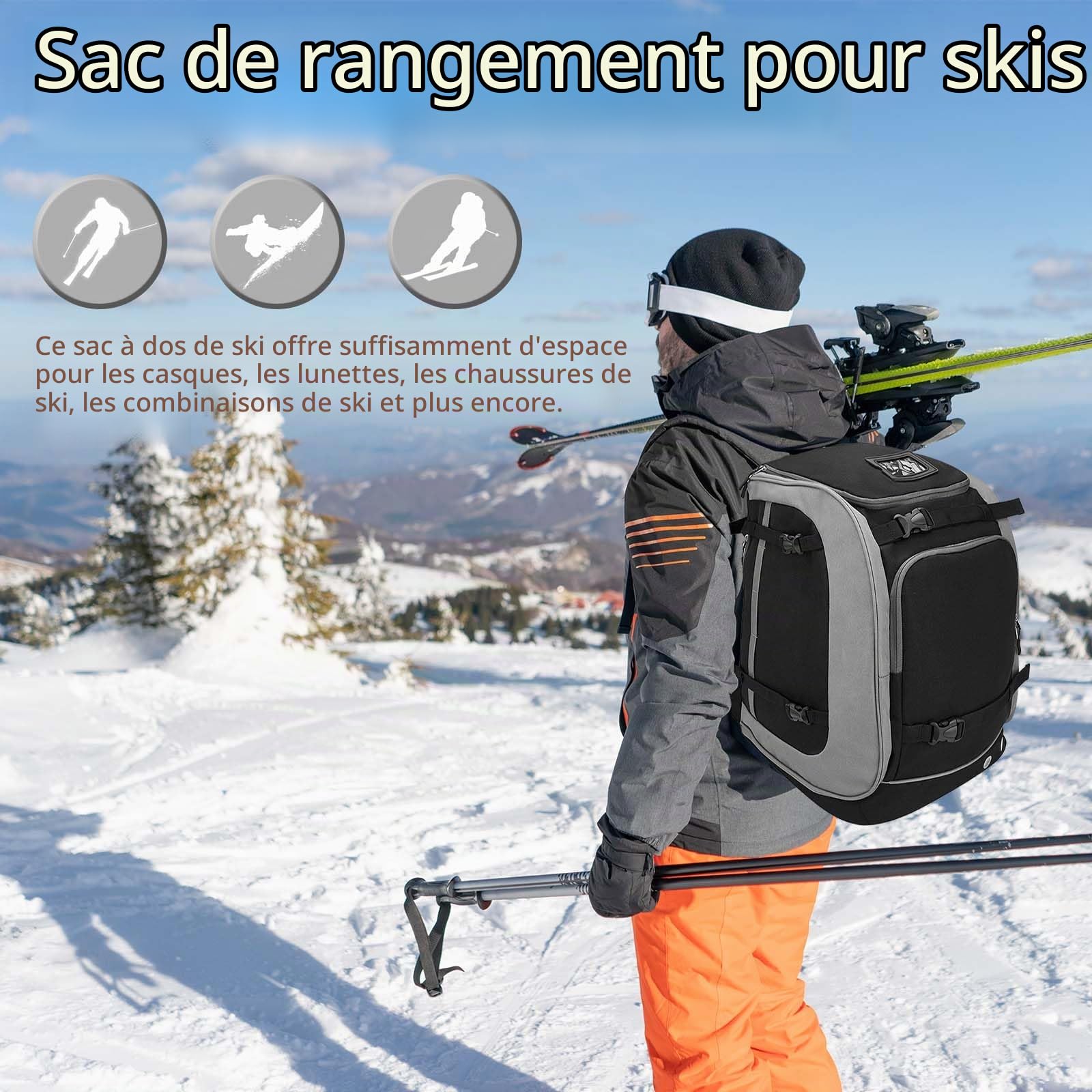 Sac à Chaussures De Ski, Grand Sac De Ski 65 L Pour Chaussures De Ski De Sport Sac à Dos De Ski De Randonnée Utilisable Pour Le Snowboard Les Chaussures De Ski Les Patins à Glace Le Casque Gants