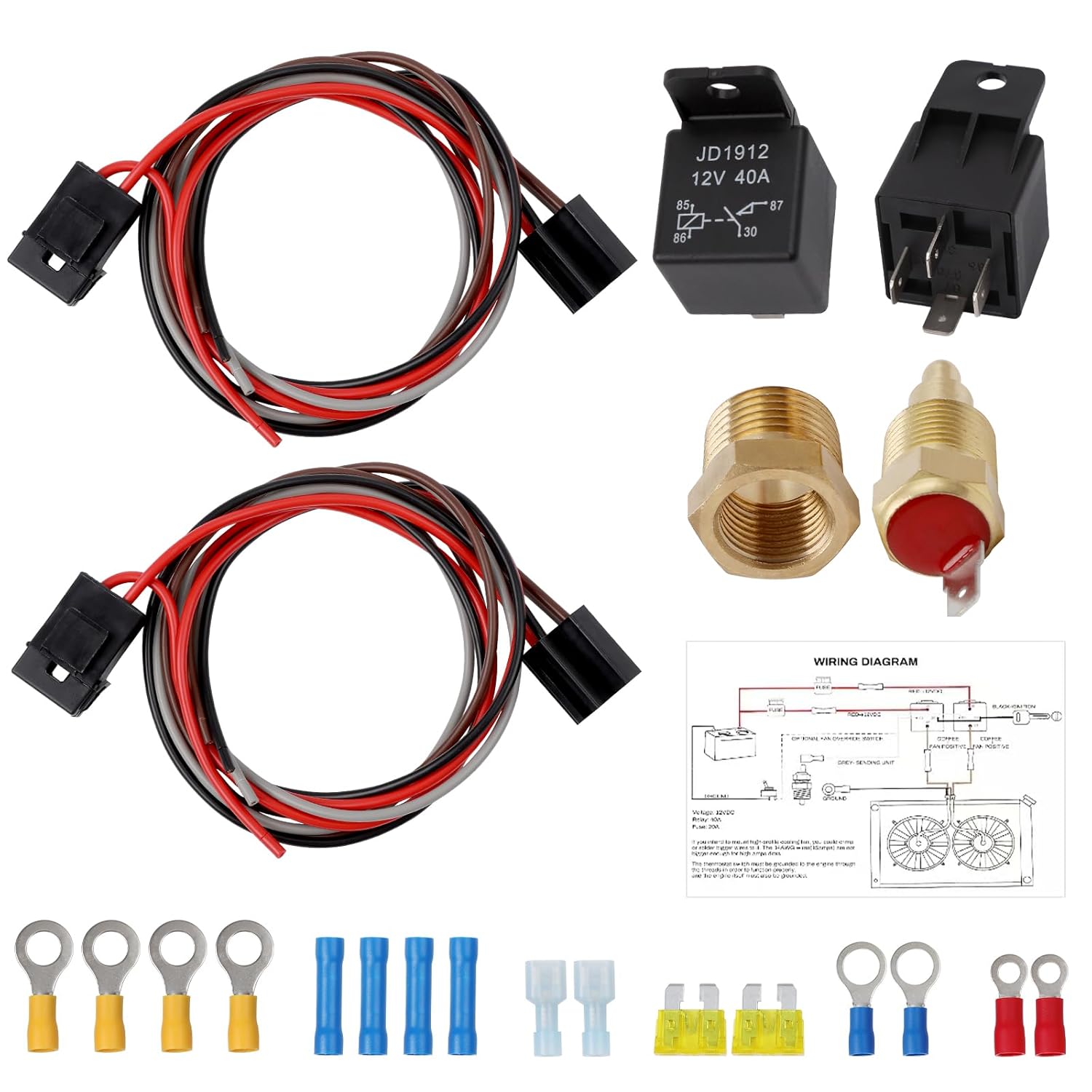 Dual Electric Radiator Fan Relay Kit 12V 40AMP Electric Cooling Fan Wiring Kit Thermostat Switch 185 on 175 Off