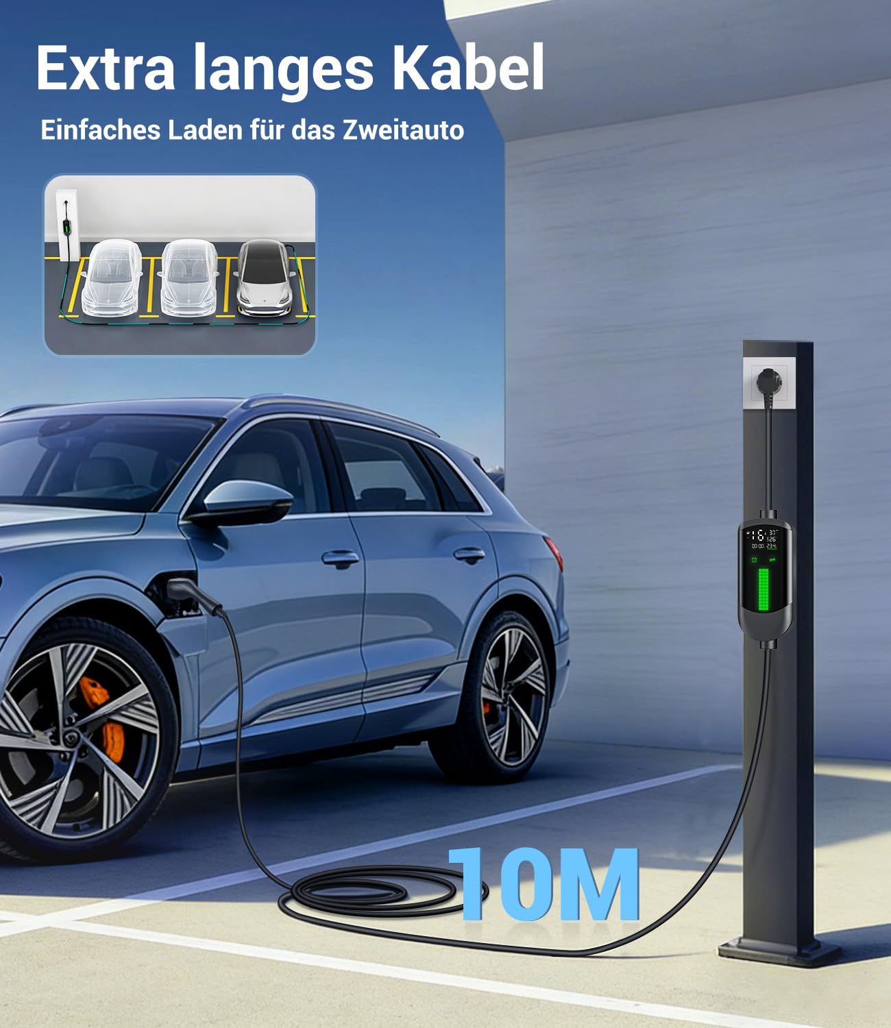 Typ 2 Ladekabel Schuko 3,7kW, EV Charger Ladekabel Auto[1-phasig|10m|6-16A]