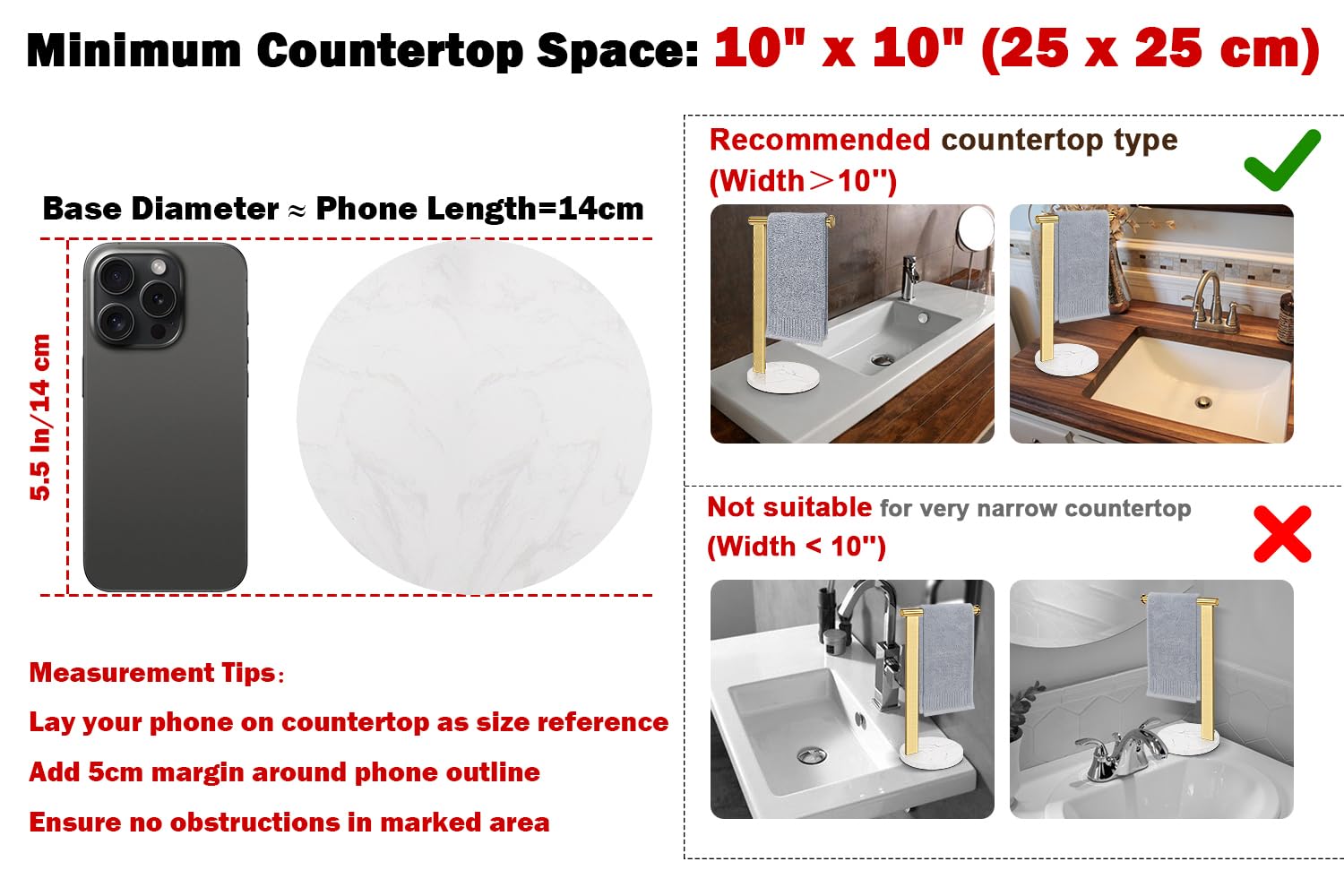 Toallero para toallas de mano para baño, toallero de pie en forma de L, organizador de encimera de tocador o cocina, material de acero inoxidable SUS304, base de mármol, dorado