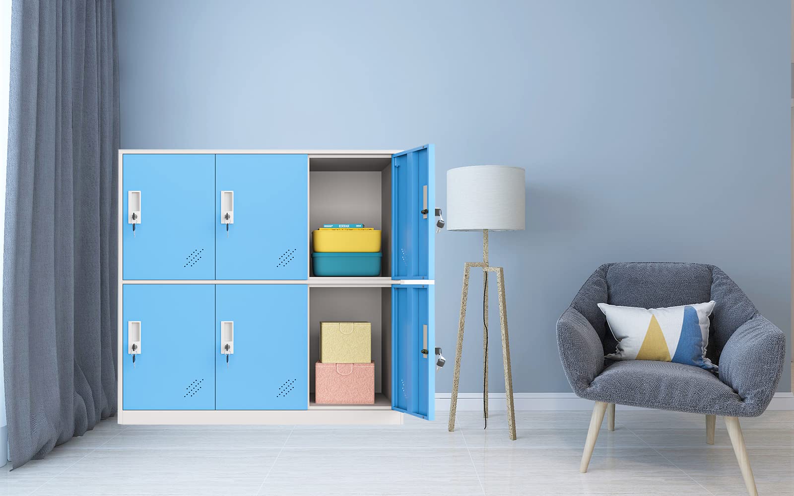 Armadietto in metallo a 9 ante, per salotto e scuola, per la casa, per ragazzi, stanza da letto e ufficio, con serratura, per vestiti, colore bianco, metallo, Blue, 6D