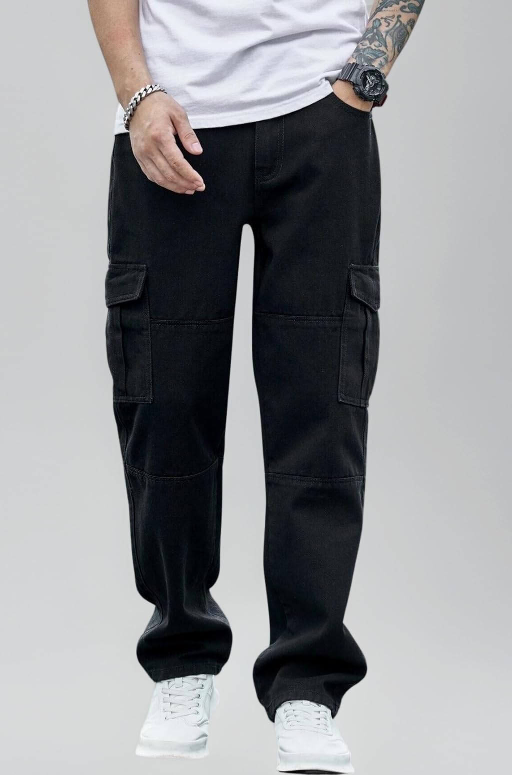 Baggy Cargo Jeans for Men – Mid Rise Relaxed Fit Denim Cargo Pants | Streetwear Utility Pant with Multiple Pockets