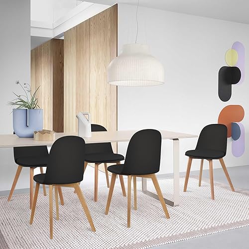 Miniatura 6 de 2xhome Juego de 2 sillas de comedor de plástico sin brazos, patas de madera para comedor, asiento moldeado de plástico (cojín negro)