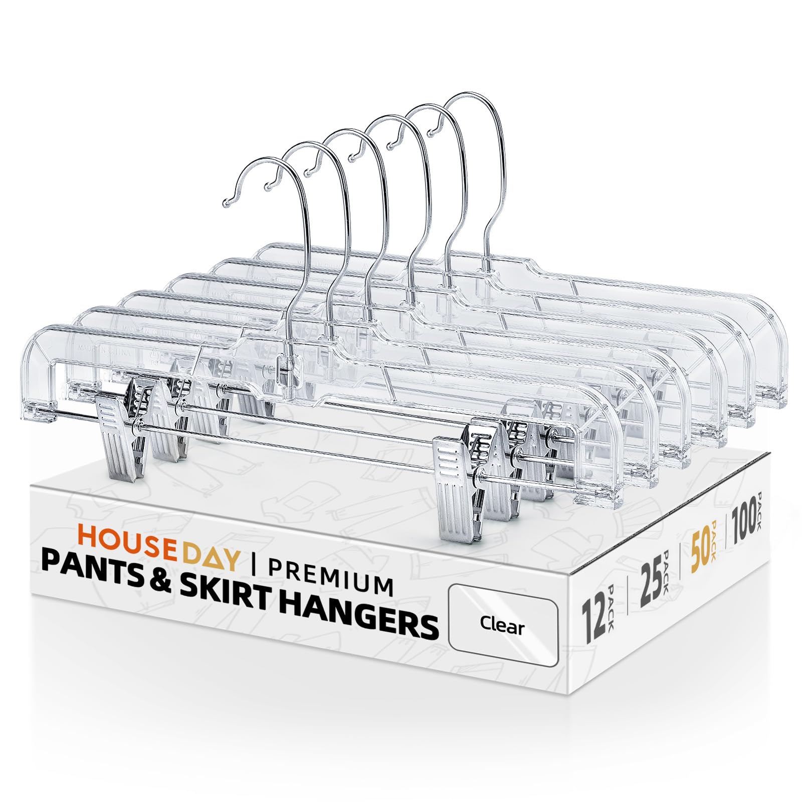 HOUSE DAY Skirt & Pants Hangers with 2-Adjustable Clips, Non-Slip, Space Saving for Closet - Pack of 50