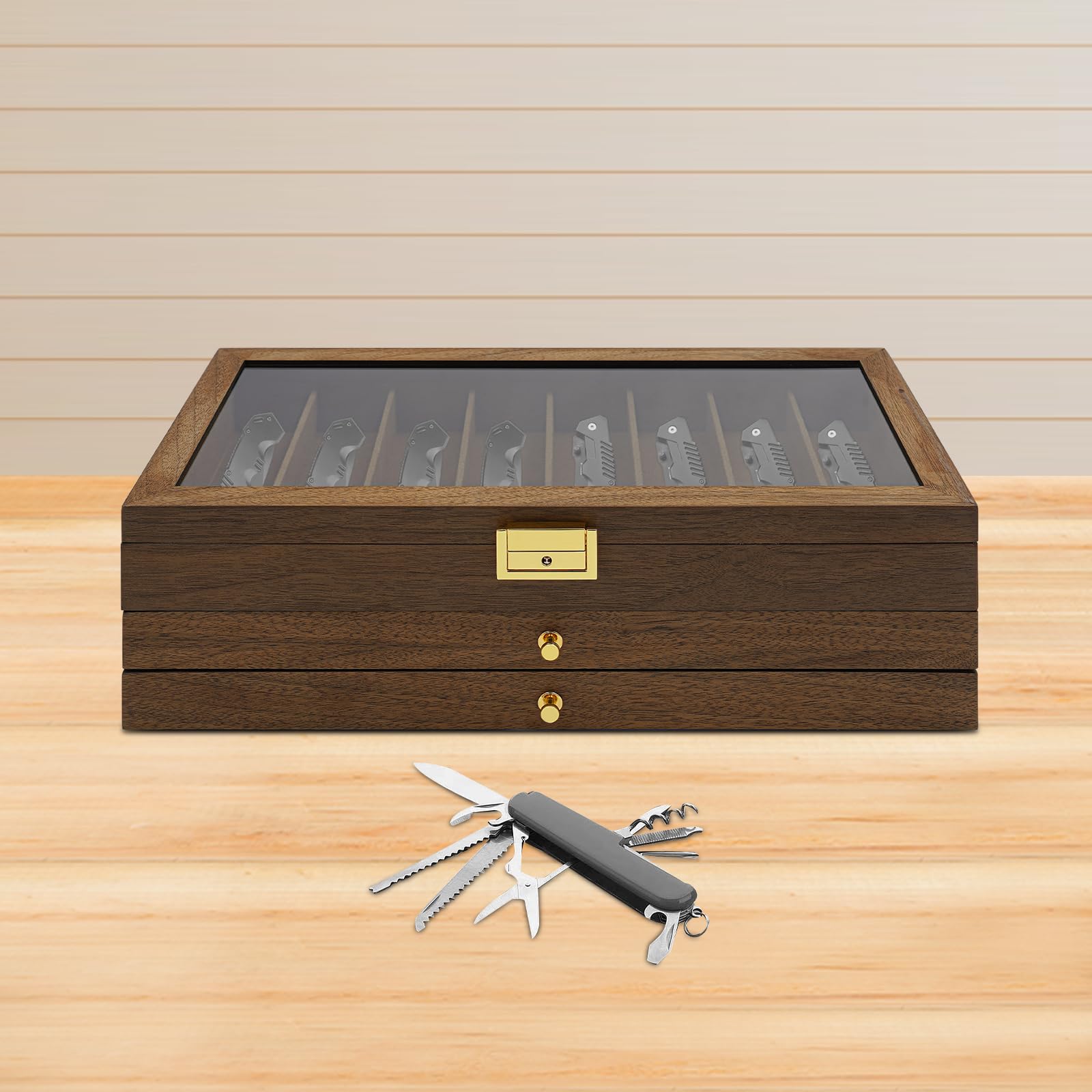 3 Tier Messer Vitrine mit Glasdeckel, 22 Slots EDC Organizer für Taschenmesser, Abschließbare Top Drawer Aufbewahrungsbox, Walnuss Holz Finish Geschenk für Männer