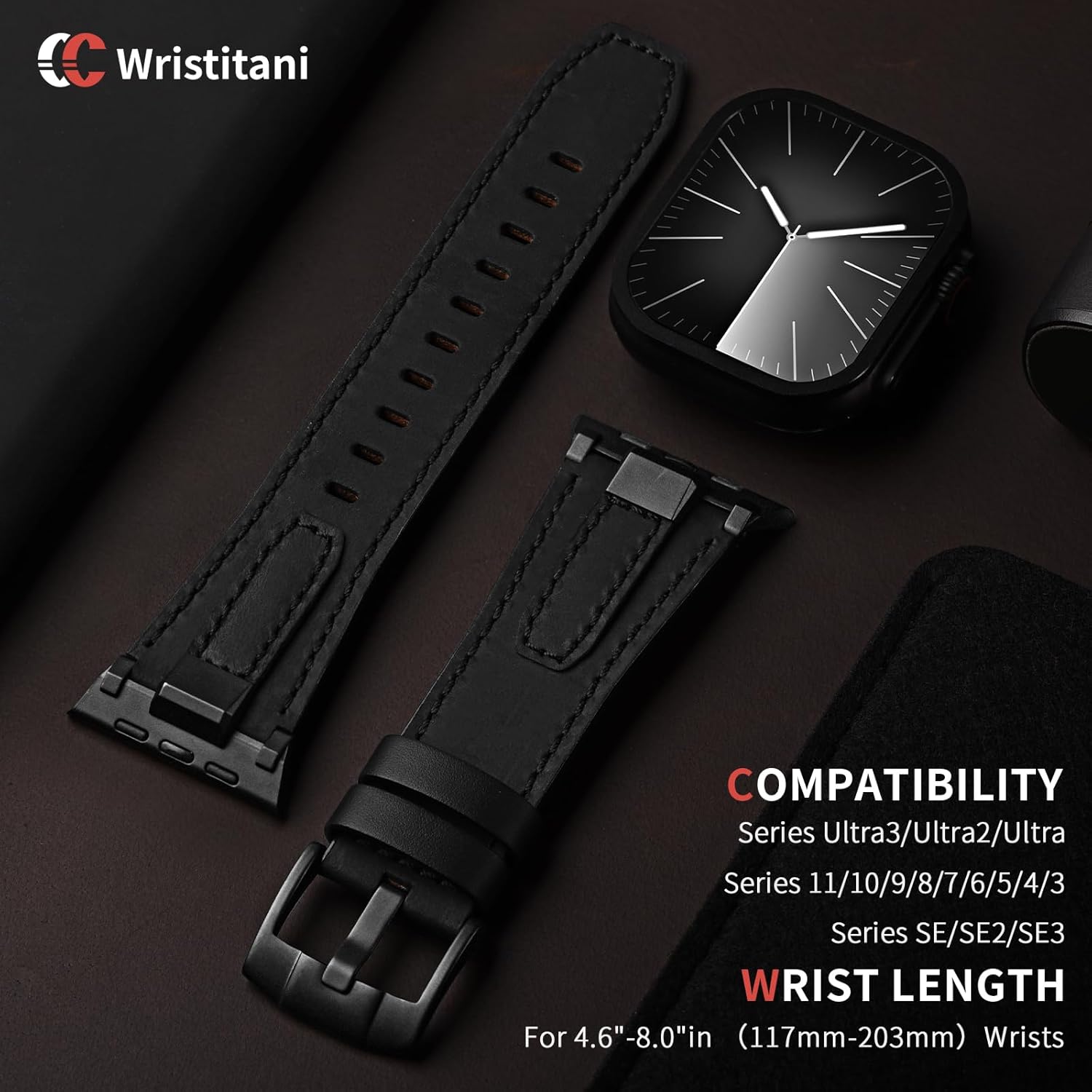 Wristitani Leather Bands Compatible with Apple Watch Band 49mm 46mm 45mm 44mm 42mm for Men, Metal Connector & Genuine Leather Replacement Straps for iWatch Ultra3/2/1 SE3/2/1 Series 11 10 9 8 7 6 5 4 - Image 5