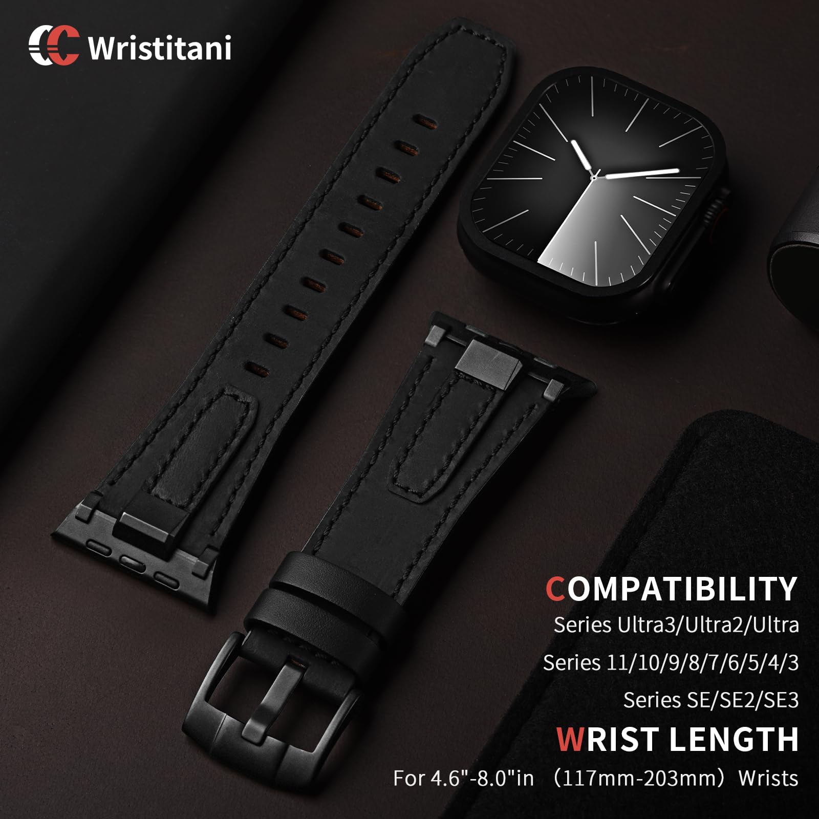 Wristitani Cinturini Pelle Compatibile con Apple Watch 49mm 46mm 45mm 44mm 42mm per Uomo, in Vera Pelle con Connettore Metallo Cinturino Ricambio per iWatch Ultra2/3 Series 11 10 9 8 7 6 5 4 3
