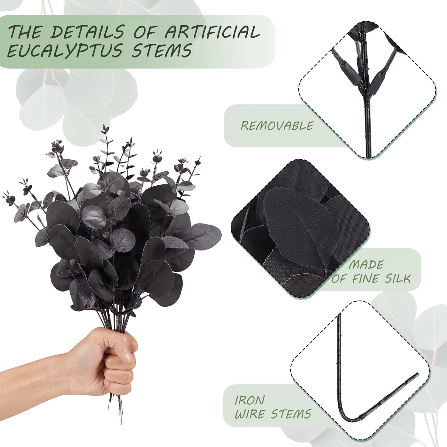 120 Pcs 3 Kinds Mixed Artificial Eucalyptus Stems Faux Eucalyptus Leaves Branches Black Flower for Halloween DIY Bouquets Floral Arrangement Wedding Home Decor