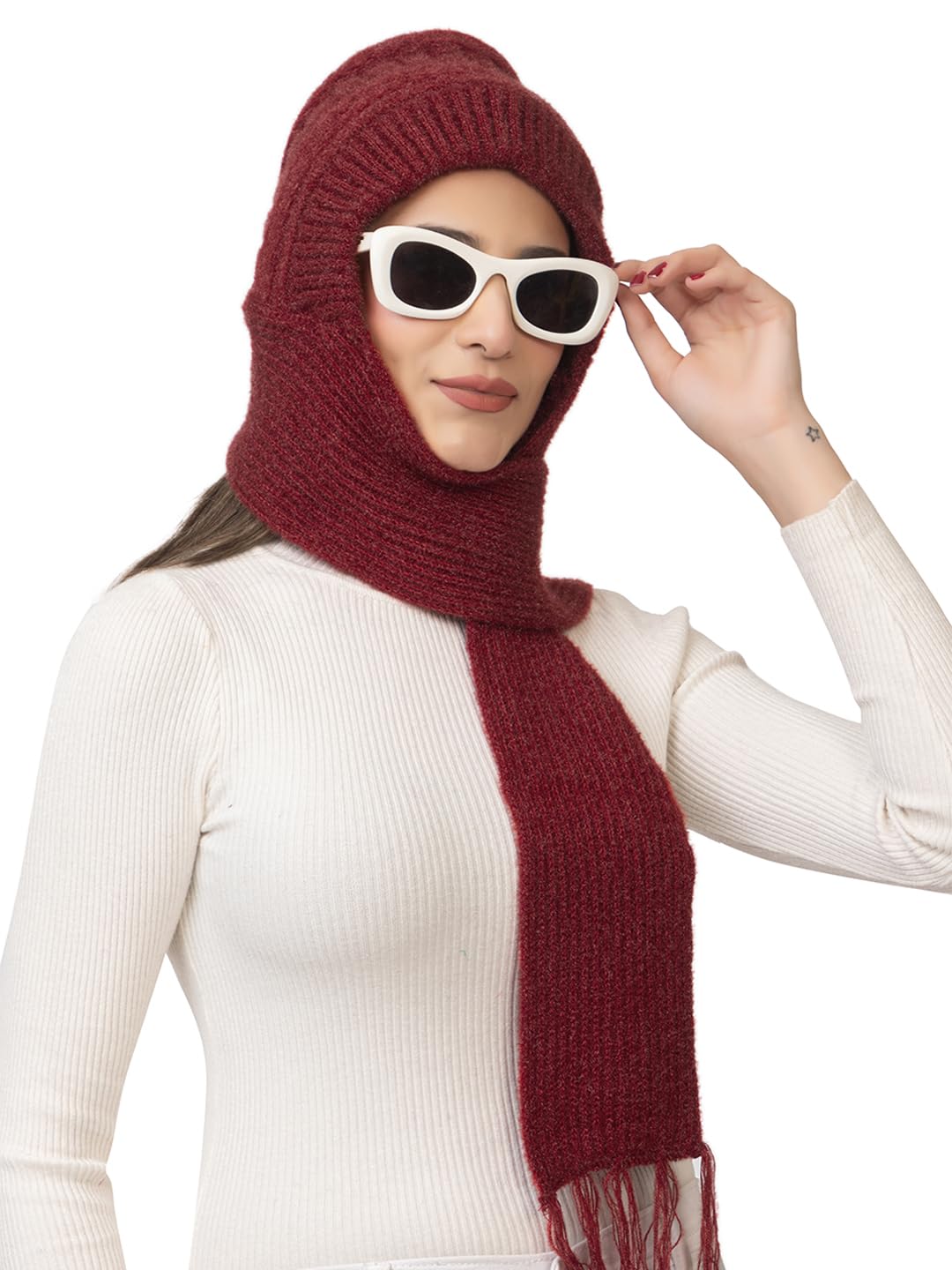 Women Warm and Soft Winter Woolen Muffler Cap, Attached Scarf Cap Combo for Girls and Women (Classic Plain)