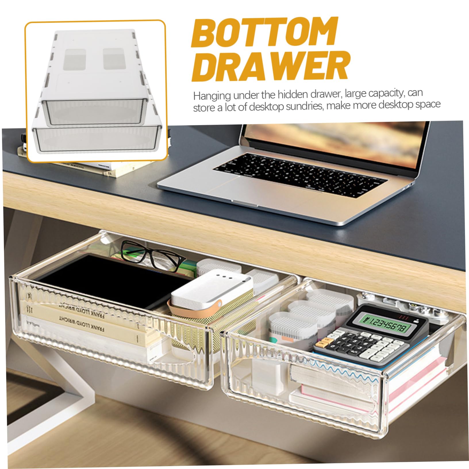 HOMSFOU 2pezzi Sotto Scrivania Organizer da Ufficio Cassetto in Plastica Resistente e Pratico Scatola Portaoggetti per Organizzazione Sotto Tavolo Storage Box per Cancelleria e Cosmetici