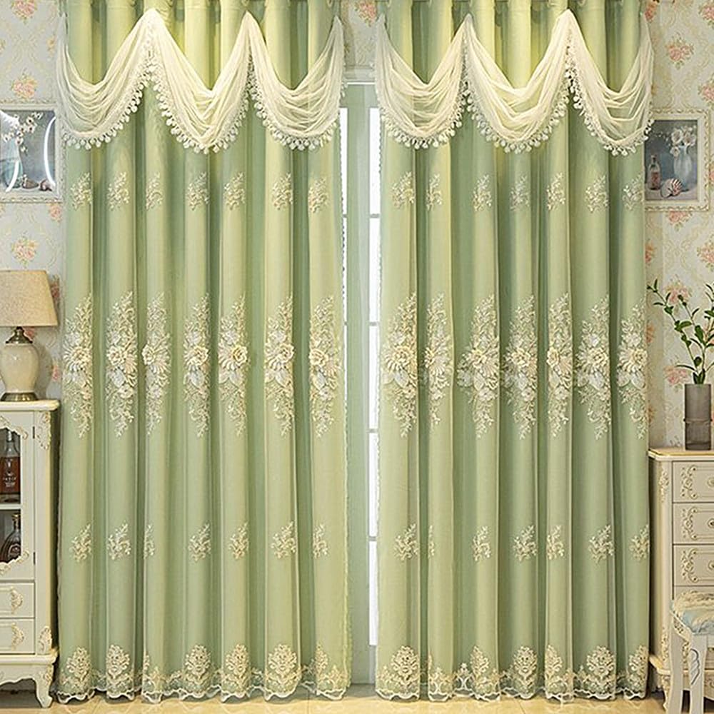 Amidoudou Pencil Pleat Curtains 1 Pair Luxury European Curtains with Wavy Valance for Living Room Bedroom Double Layer Embroidered Curtain (Green,W 66" x L 95" (2 Panels))