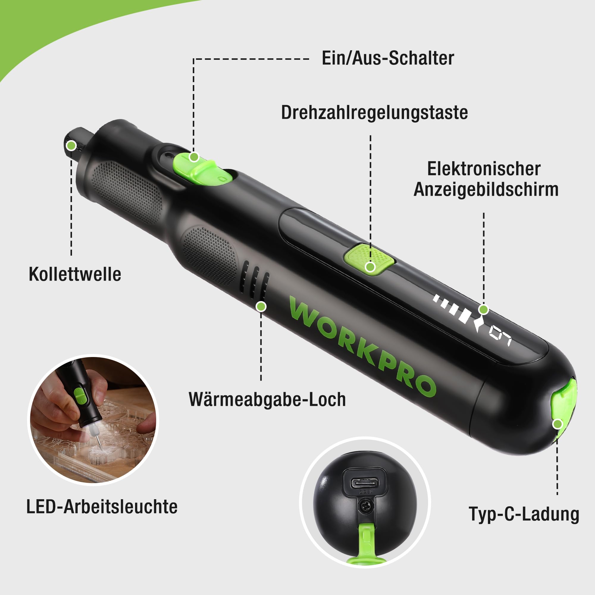 WORKPRO 7,2 V Kabellos Drehwerkzeug Set, Multifunktionswerkzeug mit 117 Zubehörteilen, mit 6 einstellbaren Geschwindigkeiten, Aufbewahrungstasche, ideal zum Schneiden, Schleifen
