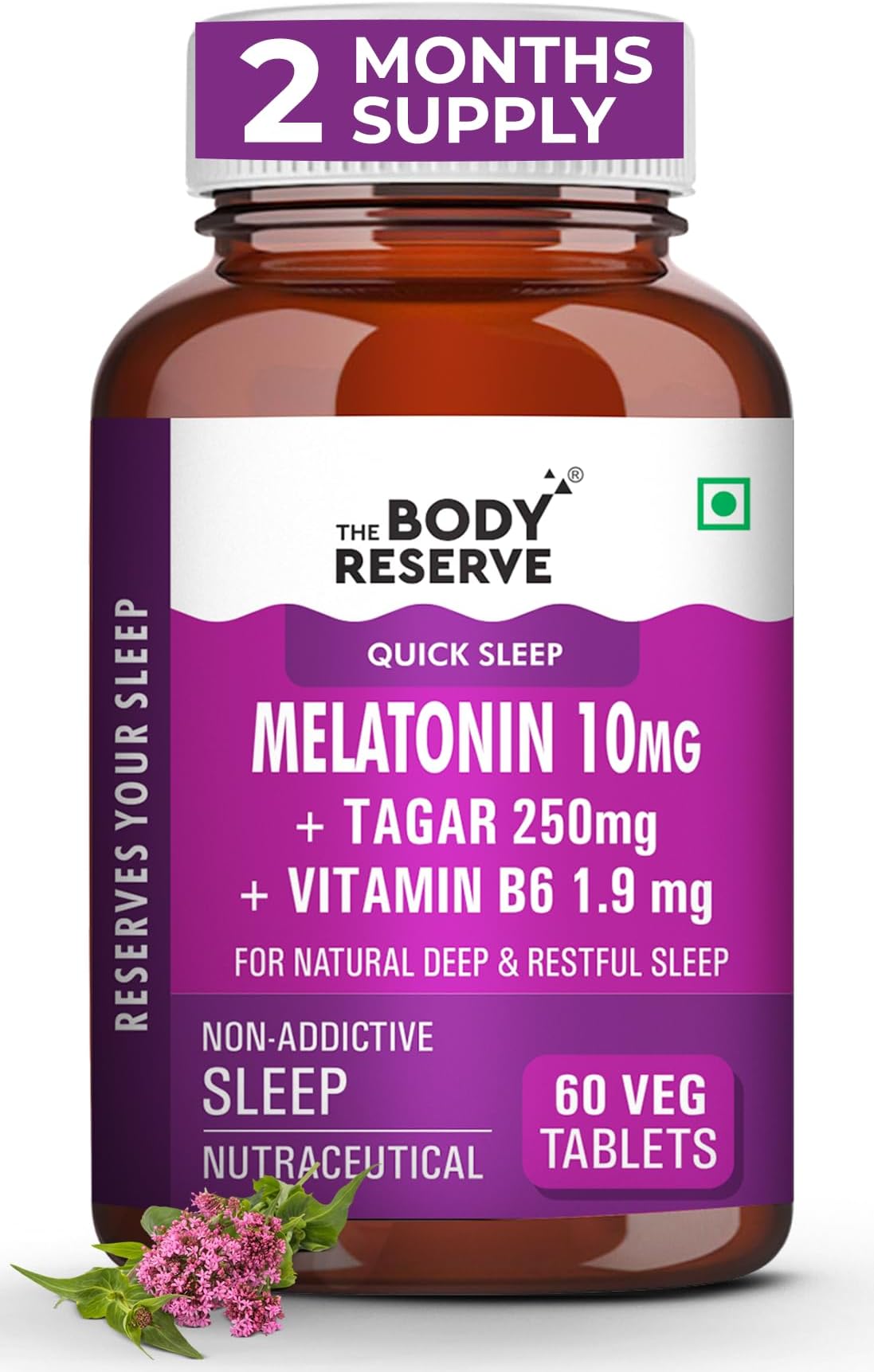 The Body Reserve Melatonin 10mg with Tagar 250mg - 60 Veg Tablets for Natural Sleep Aid, Muscle Recovery, Nerve Relaxation, and Stress Relief - Non-Habit Forming Sleep Aid for Men & Women