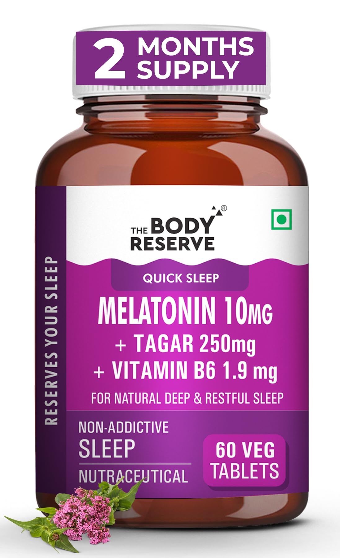 The Body Reserve Melatonin 10mg with Tagar 250mg - 60 Veg Tablets for Natural Sleep Aid, Muscle Recovery, Nerve Relaxation, and Stress Relief - Non-Habit Forming Sleep Aid for Men & Women