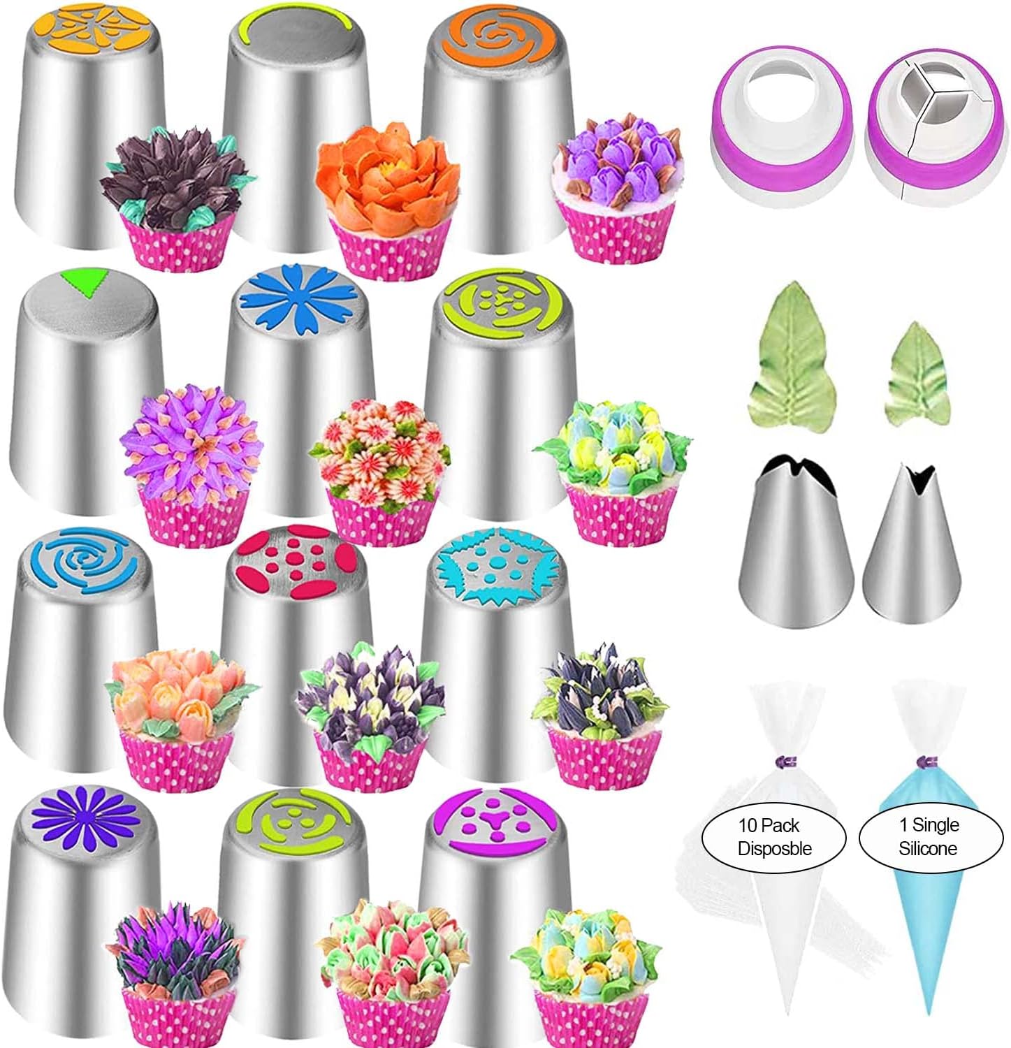 JAYVAR 27 Russian Piping Tips, Piping Bags and Tips Set, 12 Flower Frosting Tips Nozzles for Cake Decorating, Baking Supplies for Cupcake Cookie, 2 Leaf Piping Tips 2 Couplers 11 Pastry Baking Bags
