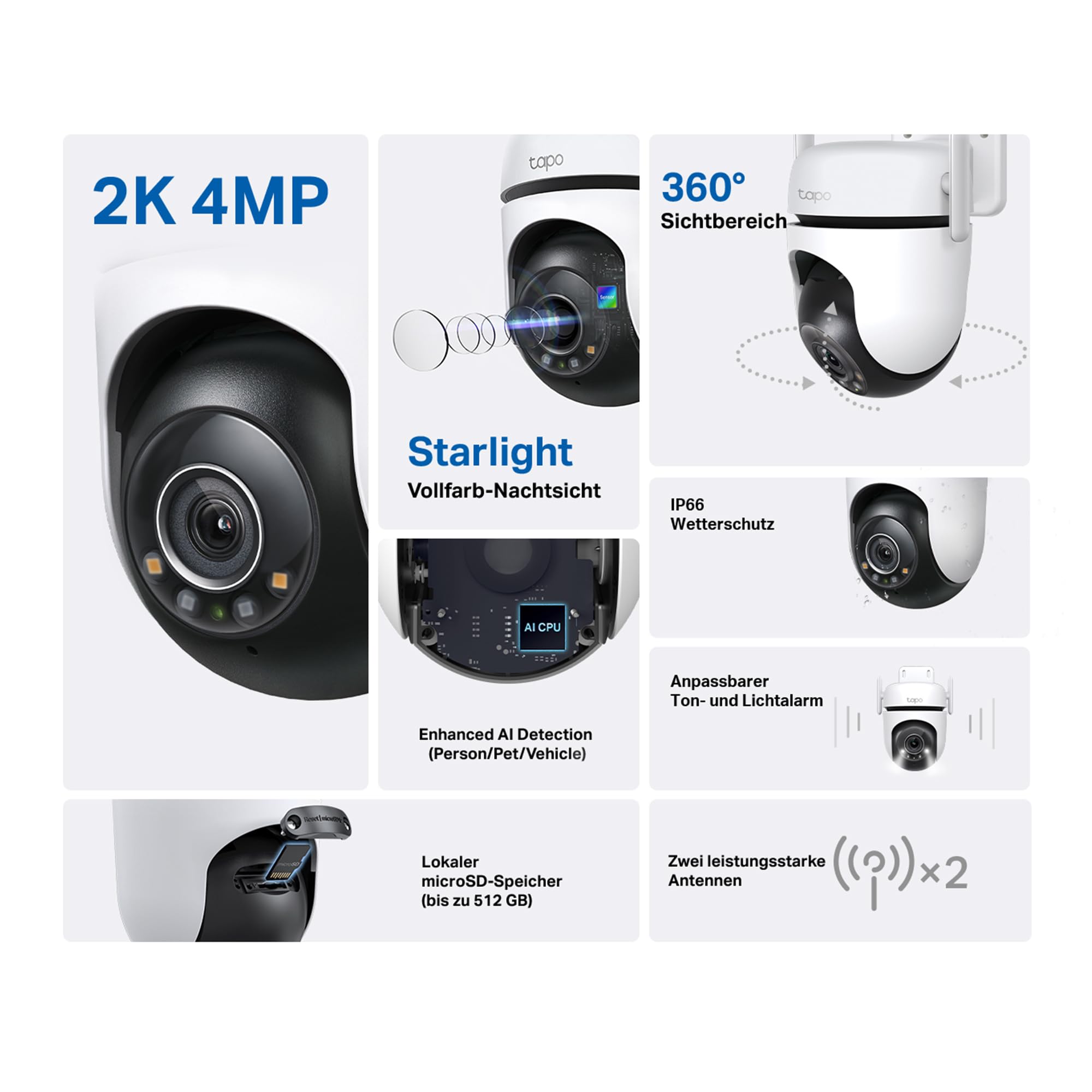 Tapo TP-Link C520WS Überwachungskamera Außen, Starlight Farbe Nachtsicht,360° Kamera aussen, 2K 4MP, 2 leistungsstarke Antennen,IP66 wetterfest, Sicherer lokaler&Cloud-Speicher, AI-Erkennung, APP