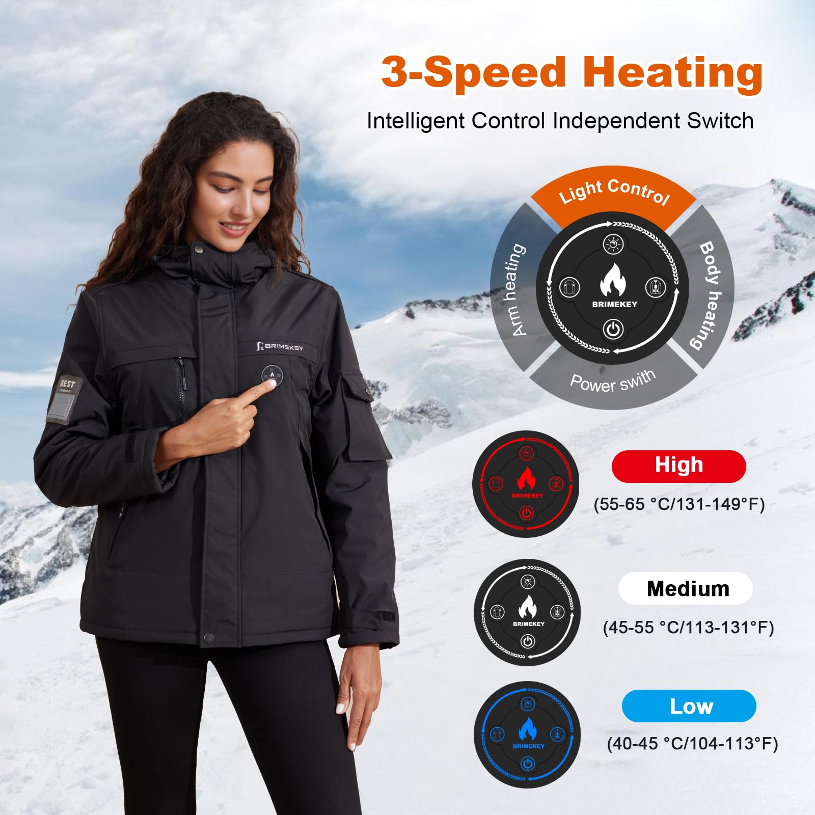 Chaqueta Calefactable Mujer Capucha de Esquí con Grafeno, Impermeable y Cortaviento, Forro Polar, 6 Zonas de Calor, Batería 20000mAh para Senderismo y Invierno