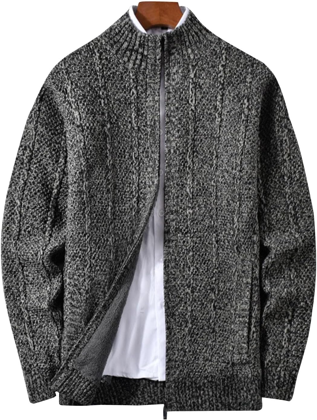 Mens Zipper Shawl Collar Cardigan Sweater Cable Knit Button Down Sweater Winter Chunky Sweater With Pockets