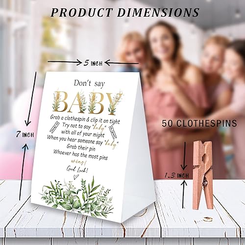 Miniatura 2 de Don't Say Baby Game For Baby Shower Clothespin Game, un letrero de papel recubierto de 5 x 7 pulgadas y 50 pinzas naturales para la ropa, tema