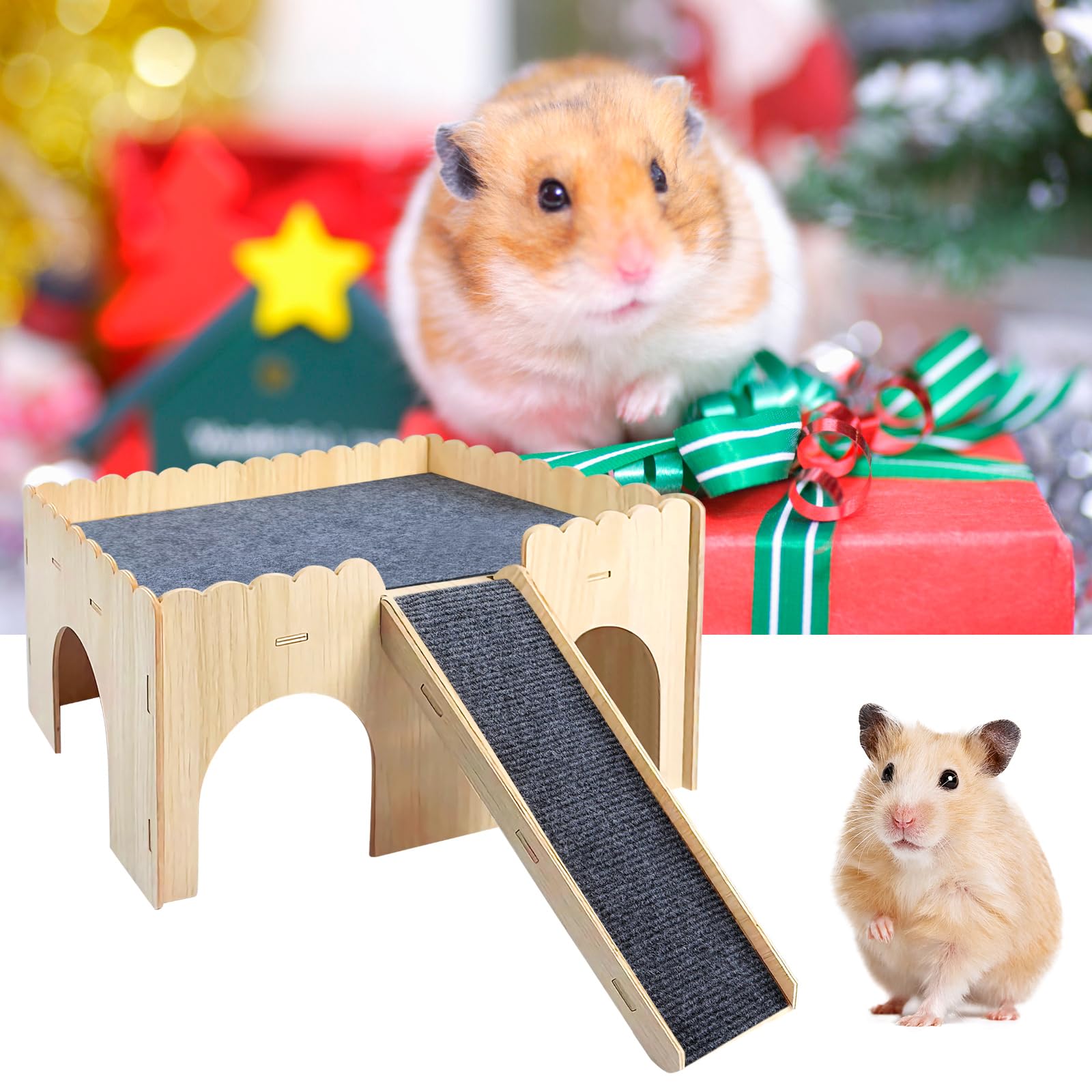 Multipiano cavia nascondiglio, casa di criceto con scale e stuoie, 38*25*18.5cm casa di cavia, castello di porcellini d'India in legno gabbia per criceto cincillà coniglio