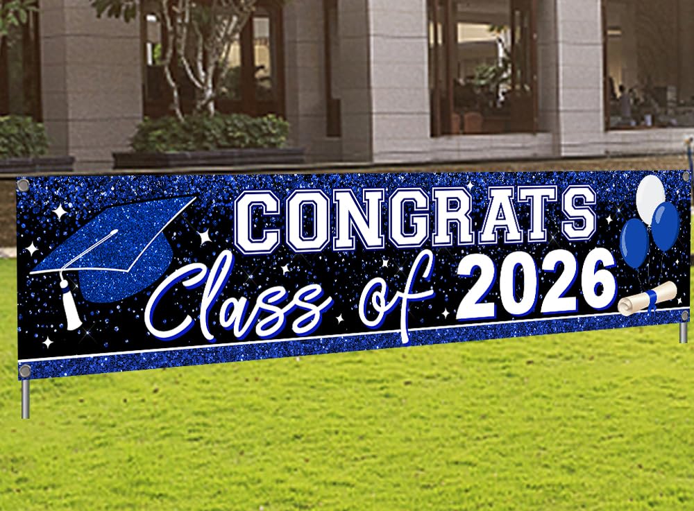 Photo 1 of 2026 Graduation Yard Sign Large Congrats Grad Banner Blue Class of 2026 Banner for Graduation Party Decorations 2026 (Blue)