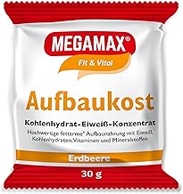 MEGAMAX Aufbaukost Erdbeere 30 g- Ideal zur Kräftigung und bei Untergewicht. Proteinpulver zur Zubereitung eines fettarmen Kohlenhydrat-Eiweiß-Getränkes für Muskelmasse u. Muskelaufbau