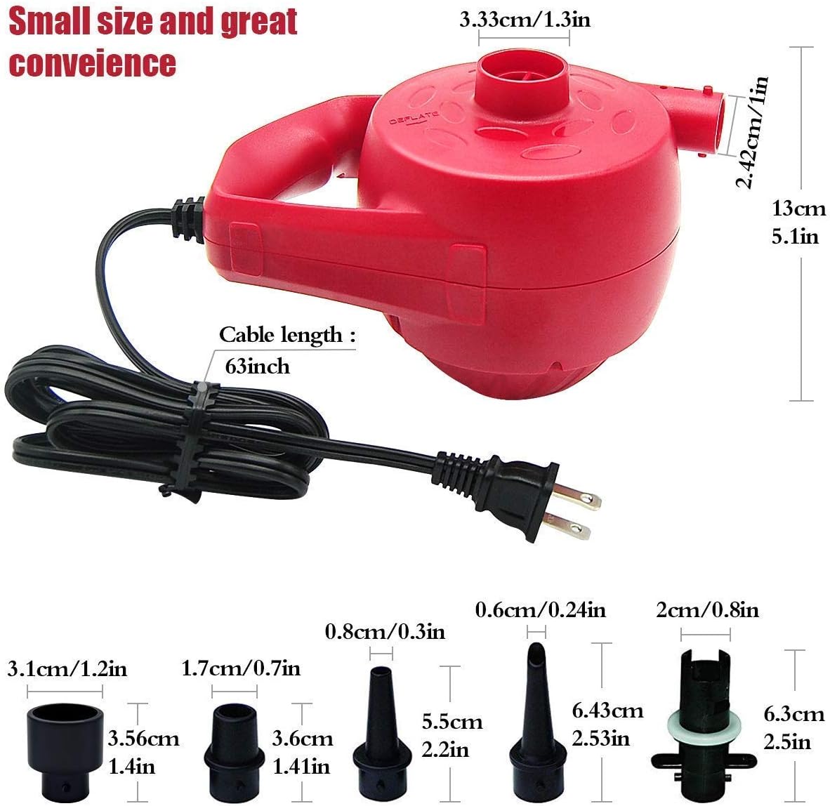 chamvis Electric Air Pump High Power Quick-Fill Air Mattress Pump AC 120V 1.2PSI 600L/min Inflator Deflator for Inflatables Raft Bed Boat Pool Toy Exercise Ball Balloons with Nozzles(Red)