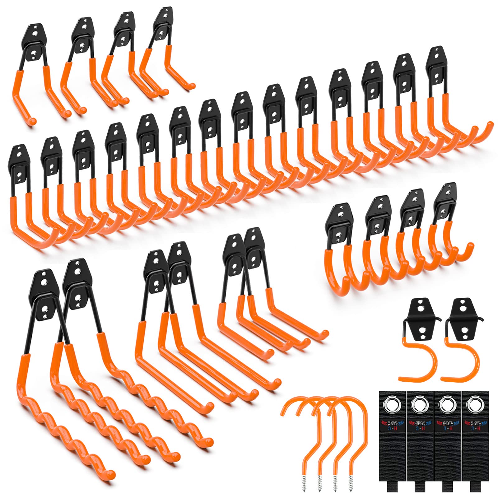 3-H 42Pack Garage Hooks Heavy Duty,Garage Storage Hooks with 3 Welding Spots,Garage Hooks for Shed Organizing Ladder ChairYard Hanging Shovel Garden Tools Hose Weed Eater(Orange)