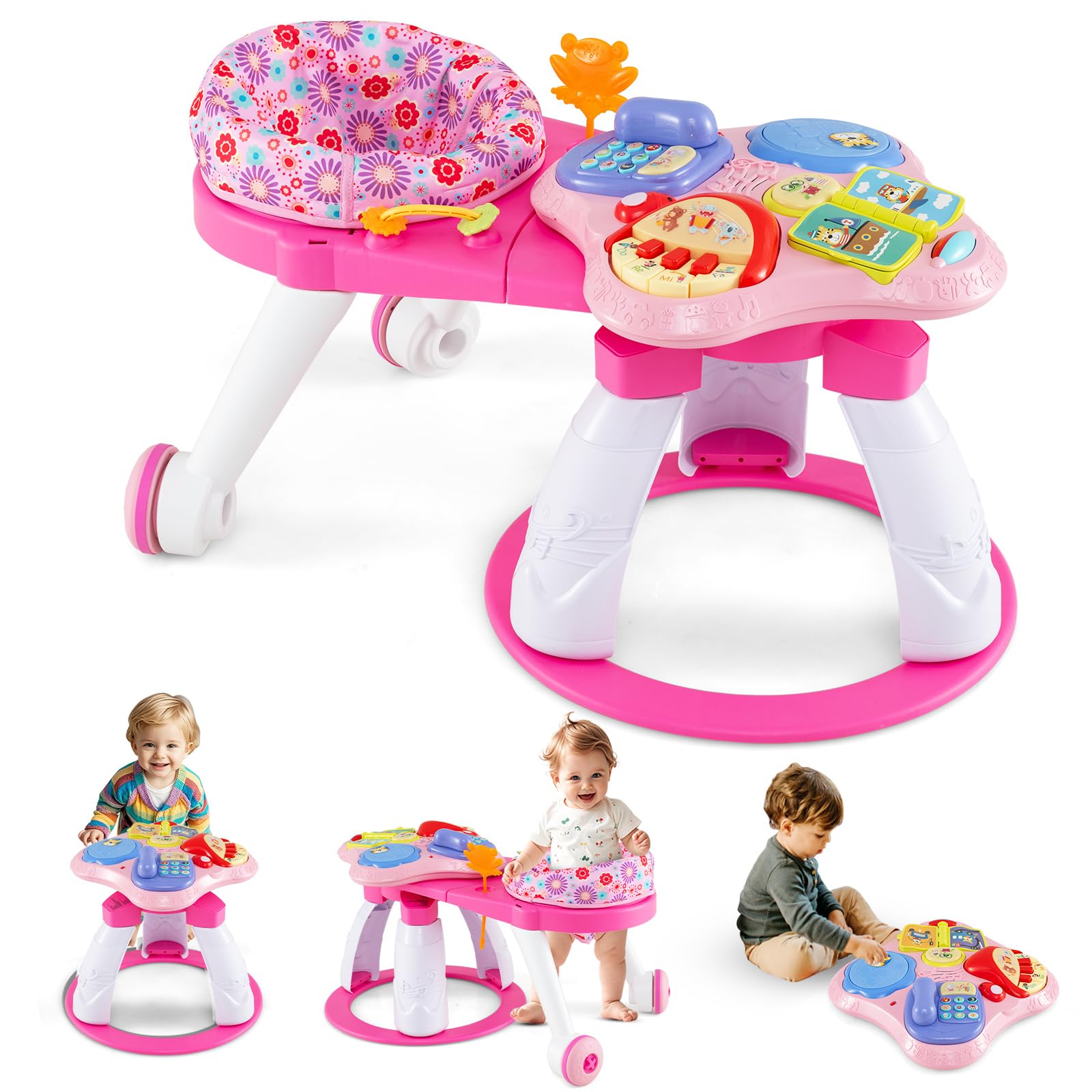 BABY JOY 3 in 1 Walk Around Baby Activity Center, Discovery Play Center with Interactive Toys & Music, Wheels, 3 Adjustable Seat Heights, Toddler Activity Table for Boys Girls 6-36 Months (Pink)