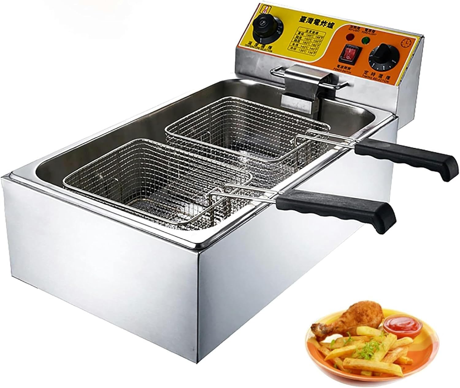 Electric Deep Fryer, Commercial Stainless Steel Deep Fryer Machine with Adjustable Timer and Temperature Knob for Home Kitchen Restaurant,10L+10L