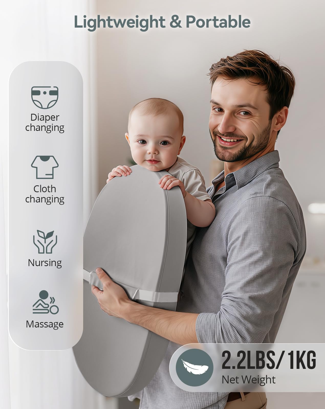 COMOMY Cambiador de piel vegana, 80 x 40 cm, impermeable y lavable, con cinturón de seguridad y diseño antideslizante, suave y ligera, color gris