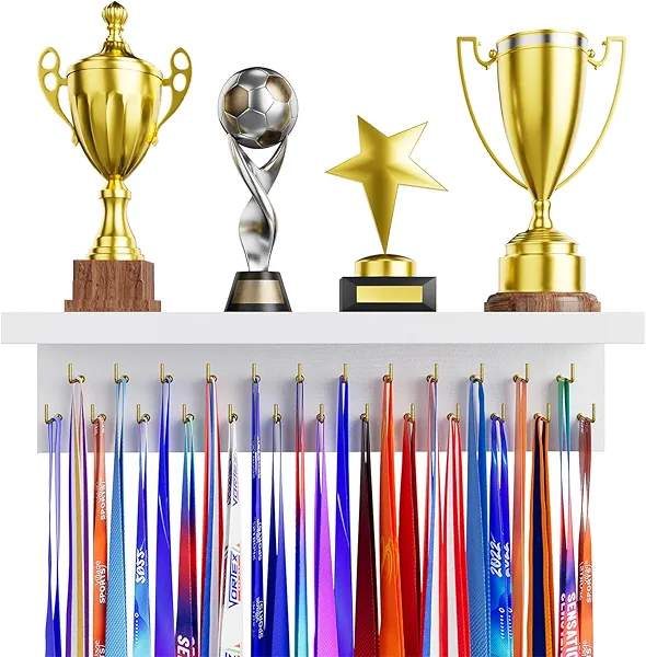 DSVENROLY Medal Holder Display Trophy Shelf Organizer, Sturdy Wooden Medal Hanger Rack with 25 Steel Hooks, Wall Mount Awards Race Storage Stand for Sports Fans, Cheer Success, Easy to Install