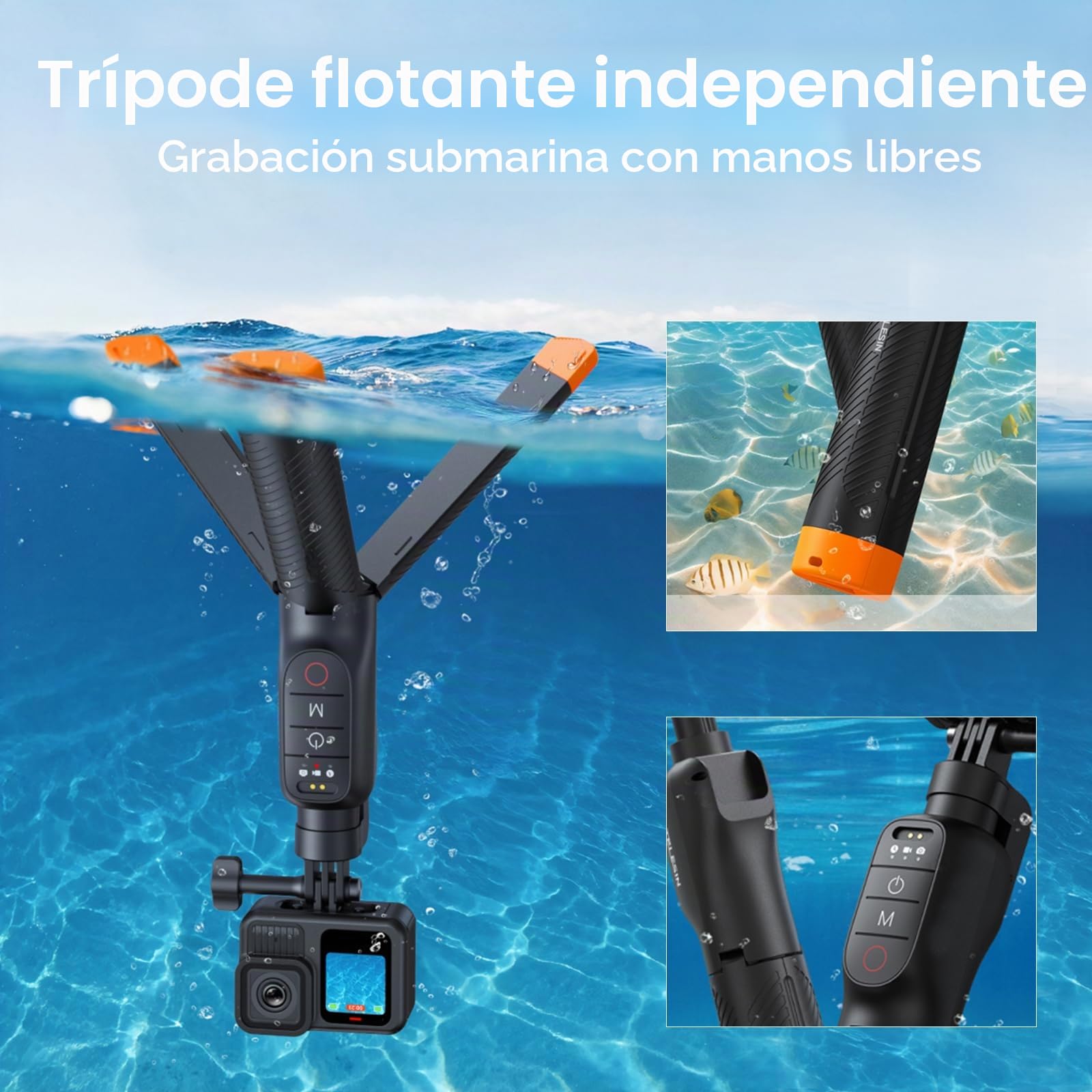 Trípode para Selfie con empuñadura Flotante, Impermeable, Extensible, monopié para Selfie con Control Remoto Bluetooth para cámaras de acción Go Pro Hero 13,12,11,10,9,8 Black