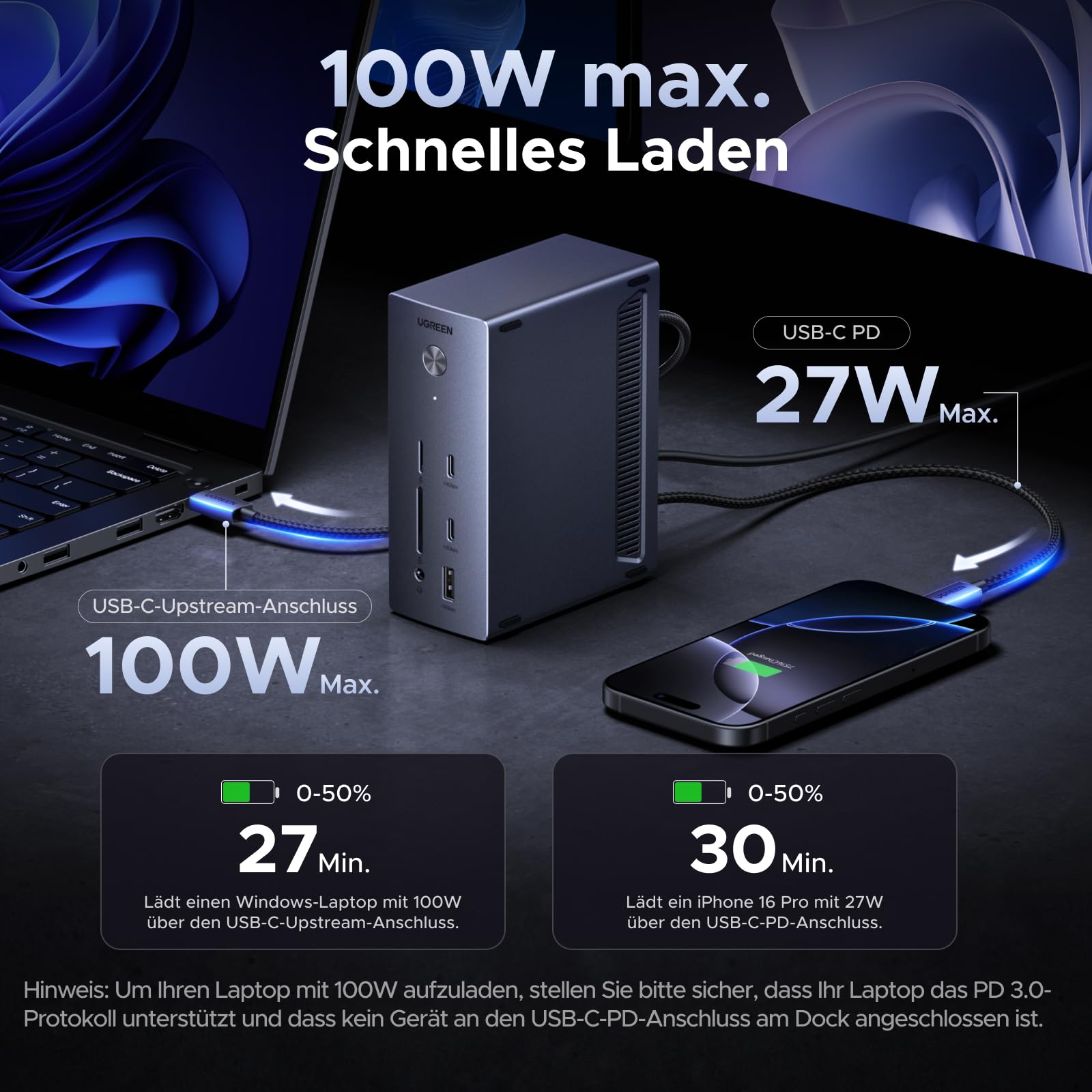UGREEN Revodok Pro Triple Display Dock【Nur für Windows-Laptop】 2HDMI & DP mit 8K DP/4K HDMI, 100W Aufladen, 27W USB C, 10Gbps USB Ports, Gigabit LAN, SD/TF